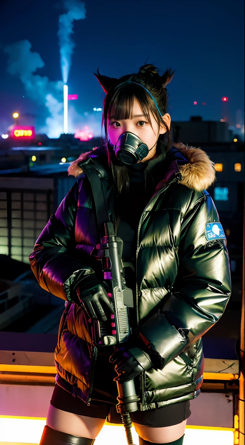 beautiful  Girl、Neon sign-on in the background、gals、Large gas mask、fur-coat、dictator、Big dragon tattoo、Tattoos all over the body、Glowing headgear、On the rooftop、Huge background is a neon sign、Leather gloves、long boots、Holding a Japan sword、Baseball armor、insurrection、Nuclear power plant in the background、Terrorist groups、Fluorescence Headgear、short-haired、bleu hair、Ignite fire from a flamethrower、、14years、gas masks、 socks、Rooftop at night、City on fire in the background