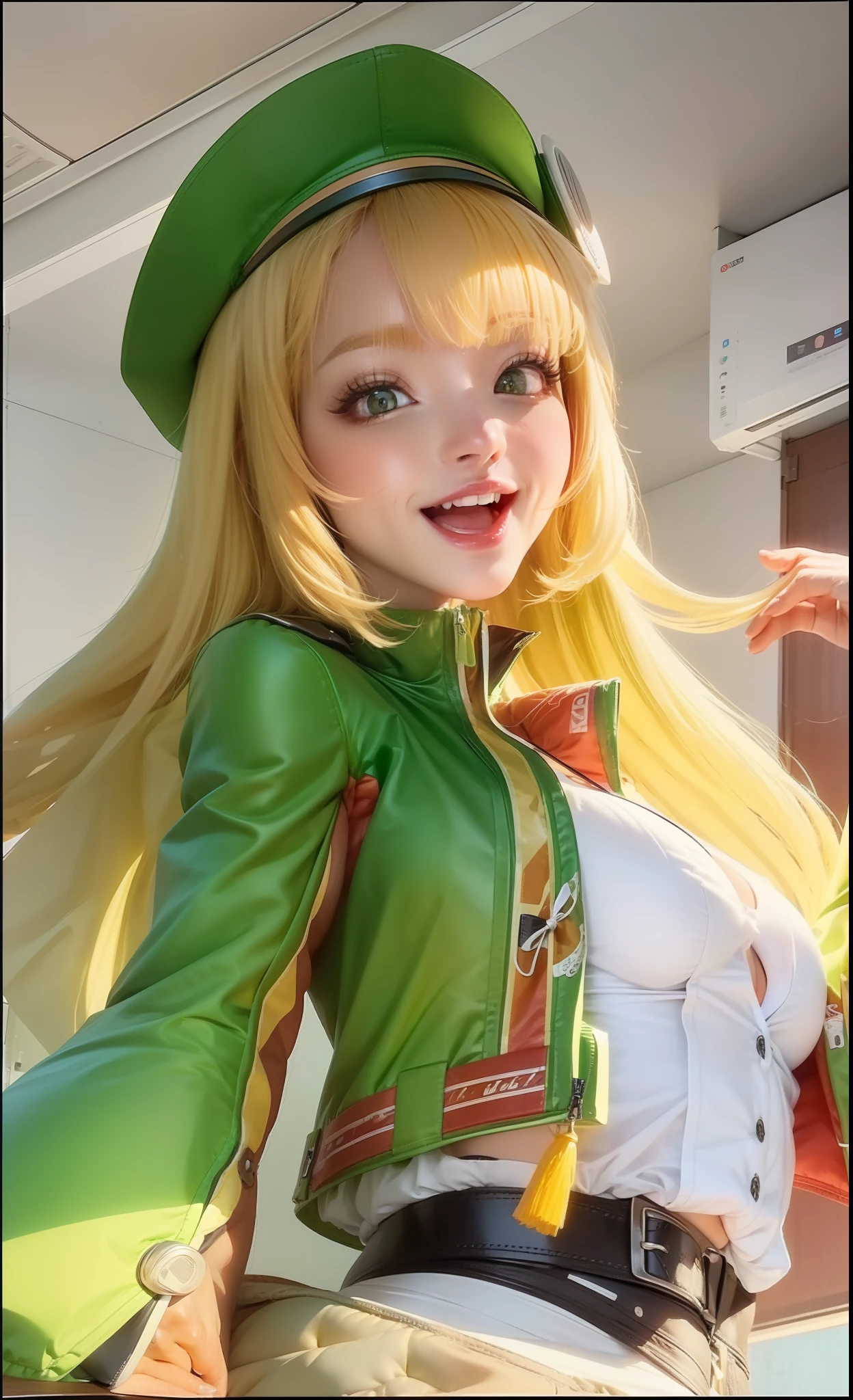 An adult girl with blonde hair, wearing a green hat and jacket,transprent shirt, opened mouth, seeing trough, happy, sensuality, big breast, double eyelids, realistic, 8k quality, high resolution,