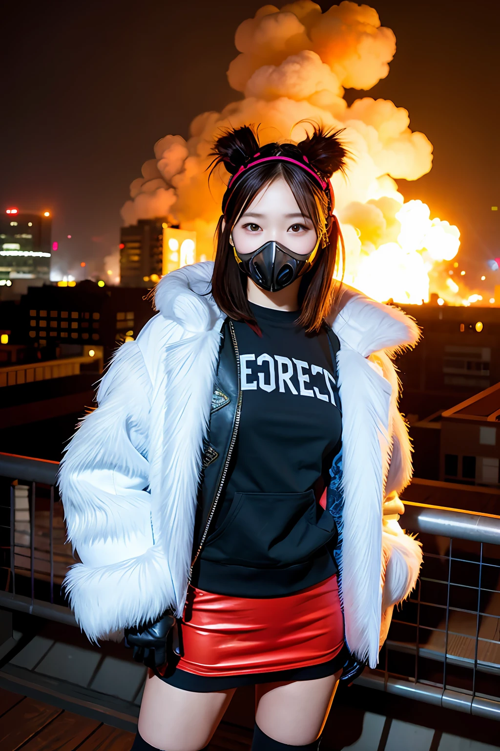 gals、Large gas mask、fur-coat、dictator、Big dragon tattoo、Tattoos all over the body、Glowing headgear、On the rooftop、Huge background is a neon sign、Leather gloves、long boots、Holding a Japan sword、Baseball armor、insurrection、Nuclear power plant in the background、Terrorist groups、Fluorescence Headgear、short-haired、bleu hair、Ignite fire from a flamethrower、middle school girl、14years、gas masks、high socks、Rooftop at night、City on fire in the background