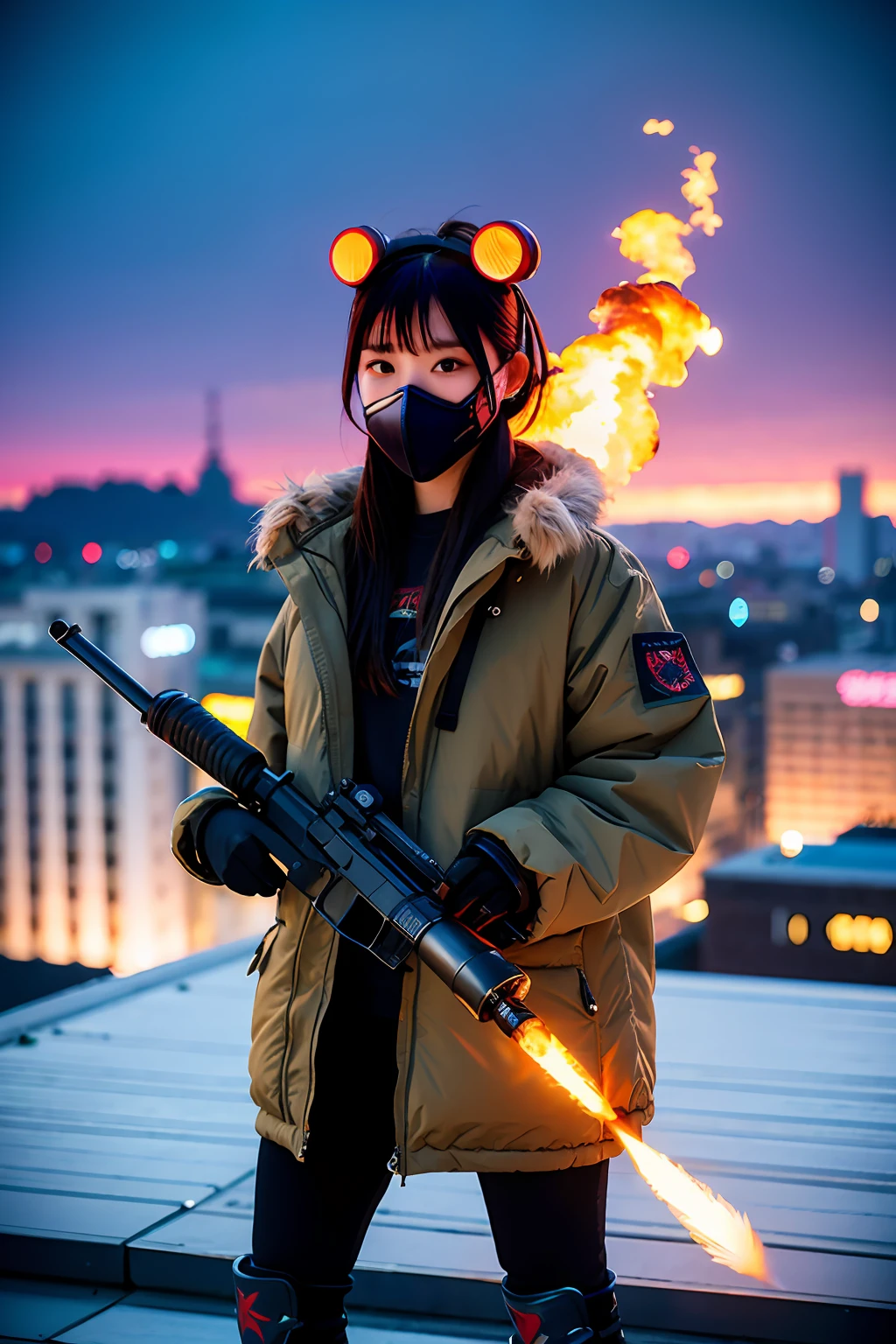 gals、Large gas mask、fur-coat、dictator、Big dragon tattoo、Tattoos all over the body、Glowing headgear、On the rooftop、Huge background is a neon sign、Leather gloves、long boots、Holding a Japan sword、Baseball armor、insurrection、Nuclear power plant in the background、Terrorist groups、Fluorescence Headgear、short-haired、bleu hair、Ignite fire from a flamethrower、、14years、gas masks、 socks、Rooftop at night、City on fire in the background