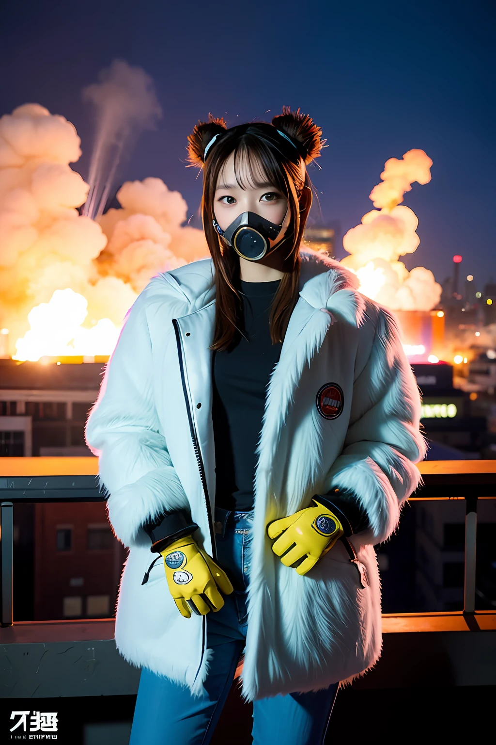 gals、Large gas mask、fur-coat、dictator、Big dragon tattoo、Tattoos all over the body、Glowing headgear、On the rooftop、Huge background is a neon sign、Leather gloves、long boots、Holding a Japan sword、Baseball armor、insurrection、Nuclear power plant in the background、Terrorist groups、Fluorescence Headgear、short-haired、bleu hair、Ignite fire from a flamethrower、middle school girl、14years、gas masks、high socks、Rooftop at night、City on fire in the background