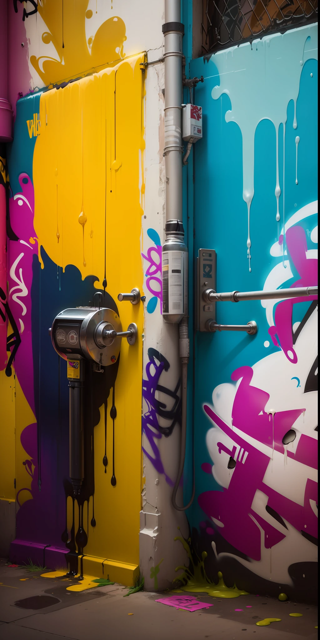 ((Street art by banksy)), stylized portrait of Zefram Cochrane in the center of the (((wall))), with his eyes looking up at the sky, ((spray paint)) and stencils to create sharp edges and shading. Give him a ((confident and curious expression)), (curved warp trail behind it), Use bright colors like blue, purple, and pink to make it stand out from the dark sky, stars and planets to fill the (((space))), (((Vulcan ship))) on the right side of the wall, Use metallic colors like silver, gold, and bronze to make it look shiny and futuristic, ((post-apocalyptic landscape of Earth)) below Cochrane's portrait, using dark and muted colors like brown, gray, and black, shadows, highlights, gradients, or textures to make the mural look more realistic and dynamic, ((((((graffiti))) elements like tags, stickers, or ((drips)) to give it more personality and style)))