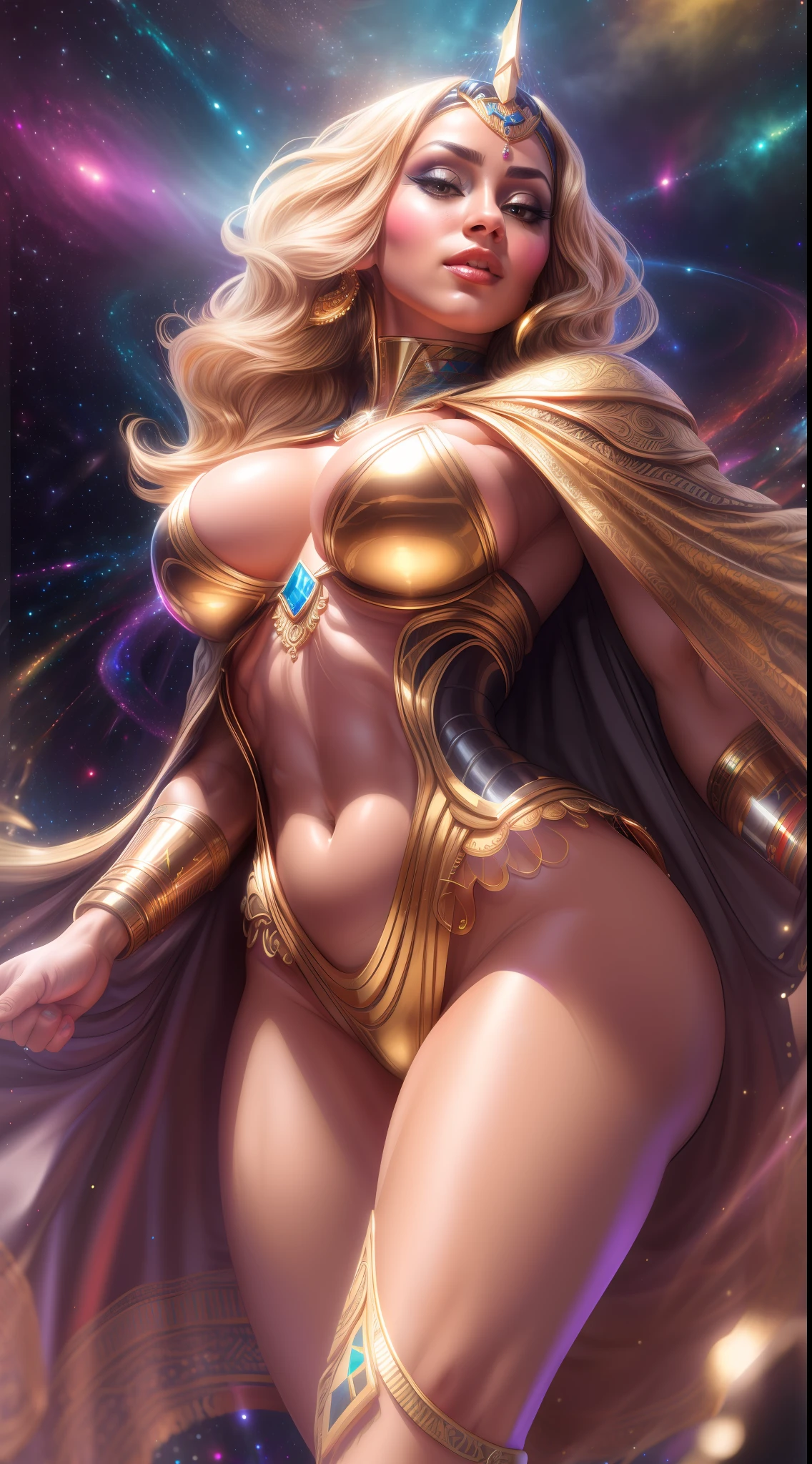 (Hyper Realistic, best quality),16k,(realistic, photo-realistic:1.5), Masterpiece,ultra high res, Stunning, ((35 years old Brazilian Milf Woman lying:1.4), (Suntan-Skin:1.4), (Athletic_Muscle_Body_ABS_Thighs-Booty:1.4), (fleshy luscious lips:1.4), (Imposing Pose with Open Legs and Looking Down:1.4), (Camera View from below, POV:1.5)), ((Gorgeous Very Long Curly Hair:1.5), (Blonde Hair:1.4), (Egyptian Make Up)), (Sexy Egyptian Jewels futuristic Armor and Cloak with Intricate Isometric Fluid Galaxy Bioluminescen Effects:1.4), (high detailed skin:1.4), (Cleft_Chin:1.4), (Perfect Face:1.3), (beautiful detailed eyes:1.3), naughty face, looking at viewer, Sexy, full-body,natural lighting, (Film grain, Fujifilm XT3, 8k uhd, dslr, Lens), hollywood lips, wide jaw line, wide lips, narrow beautiful nose, (maximalist photo 16k resolution, intricately detailed, complex, elegant, expansive, fantastica), Cinematic, Hyper-detailed, insane details, Beautifully color graded, Unreal Engine, DOF, Super-Resolution, Megapixel, Cinematic Lightning, Anti-Aliasing, FKAA, TXAA, RTX, SSAO, Post Processing, Post Production, Tone Mapping, CGI, VFX, SFX, Insanely detailed and intricate, Hyper maximalist, Hyper realistic, Volumetric, ultra photoreal, ultra-detailed, intricate details, Super detailed, Full color, Volumetric lightning, HDR, Realistic, Unreal Engine, 16K, Sharp focus, octane render,