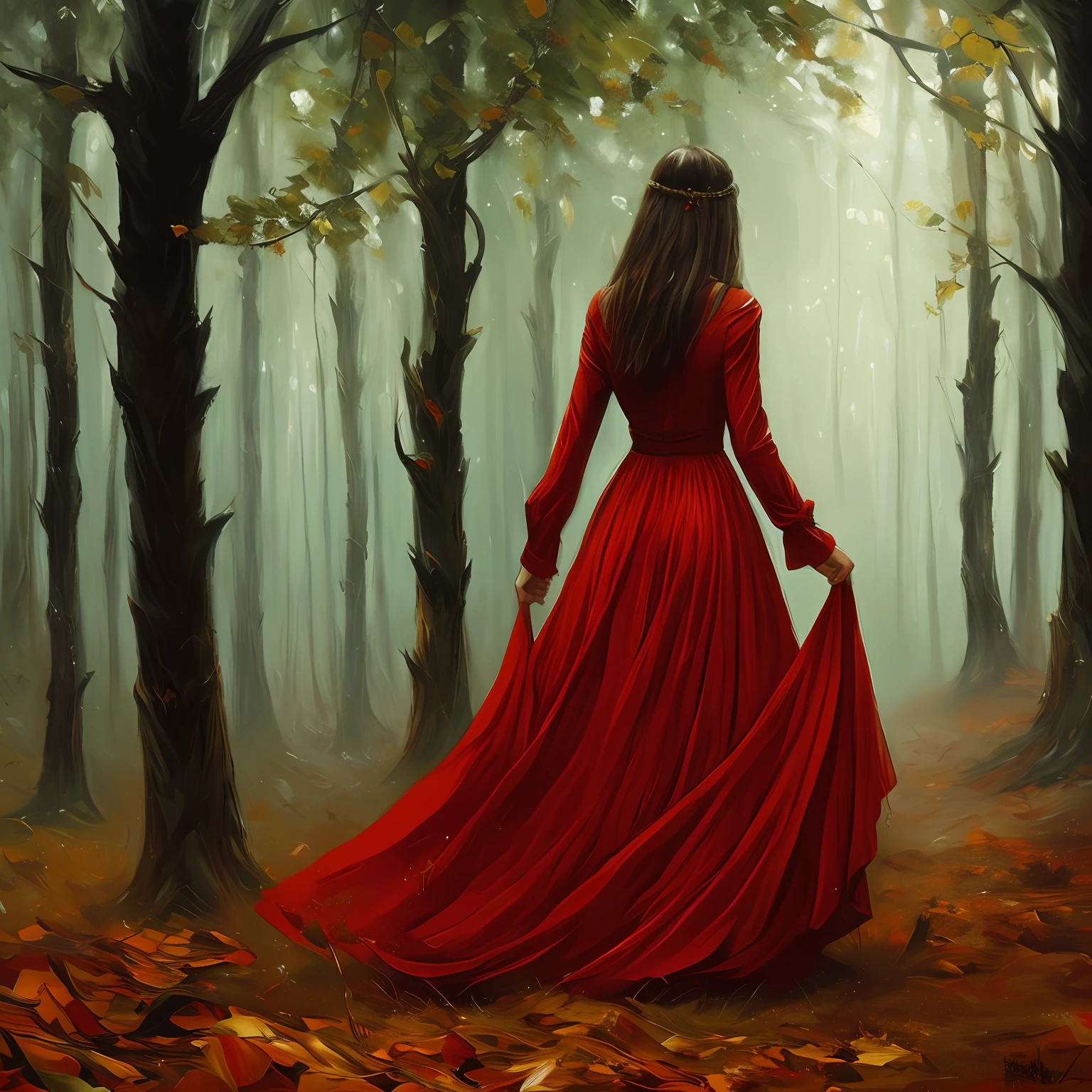 Woman in red dress dancing in a dark forest, oil-painting, Estilo Greg Rutkowski, Escuro