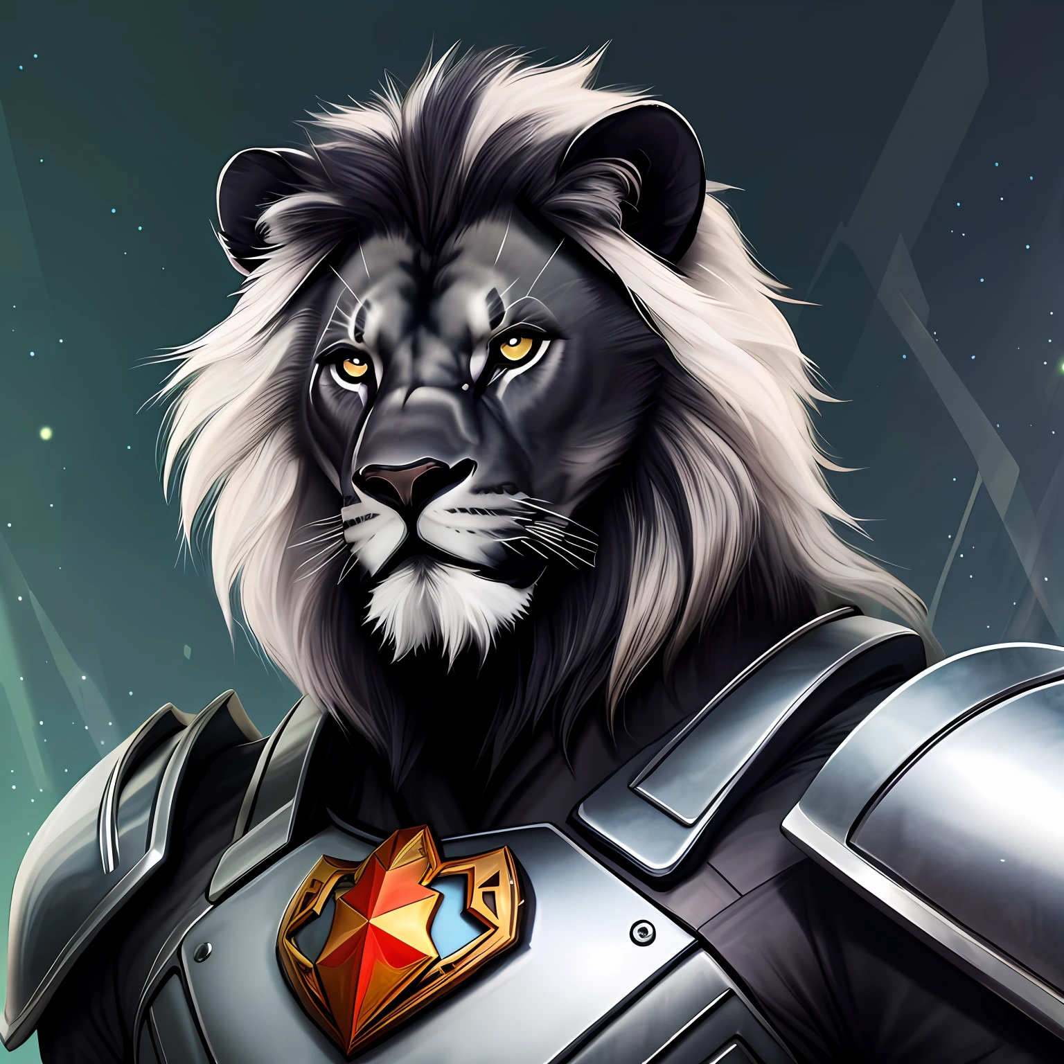 Imposing futuristic Black Lion with armor and white hair on his head