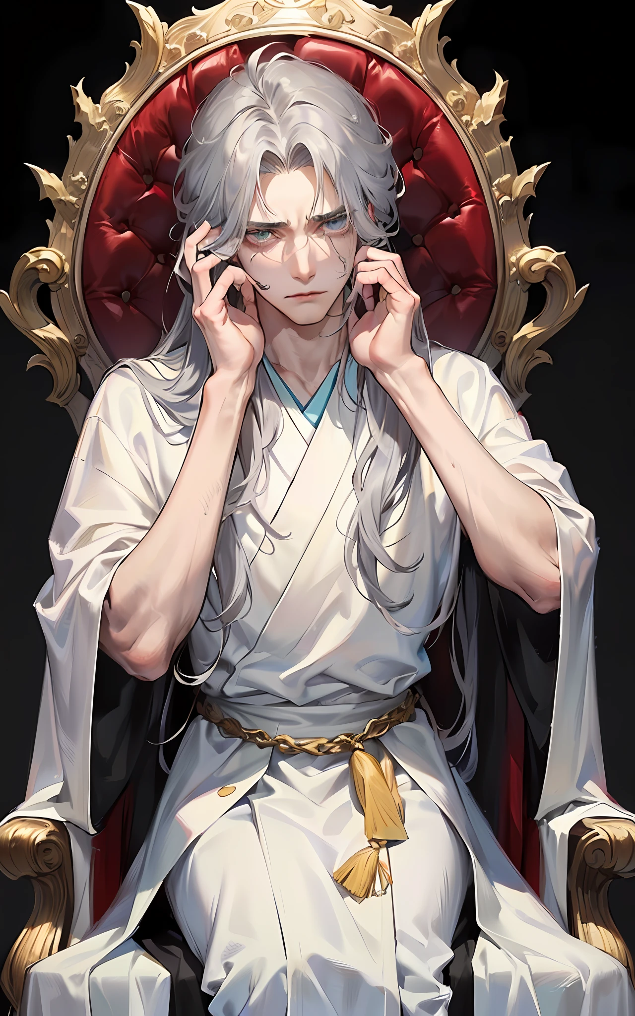 Skinny，Emaciated，Moribund，Bloodless（male people）Hold your face with your hands（Scratching）Sick，Bad temper，（Hands on your face）The king，No blood-colored skin，（A pleading expression）Thin stature，Loose robes，White skin，Very uncomfortable，Hold your chin，Male face,Mature male face，aging，The whole body，looking at viewert（pleading eyes），Venerable King，Sit on the throne，The king's sitting posture，(((1人))), Masterpiece, Best texture，Intricate details , (Dull skin，Dull skin，Gray hair，greyt hair，with black background， ((Muscular)), Adult, Don't look at the view , Not looking at the view, Gray hair，with hair dishevelled，diadems，long whitr hair，Perfect detailed face, triton，The eyes are dark，dreads，Jumpy，frenzied，Madness，medium large shoot,background whites，((In white)), King in white robes