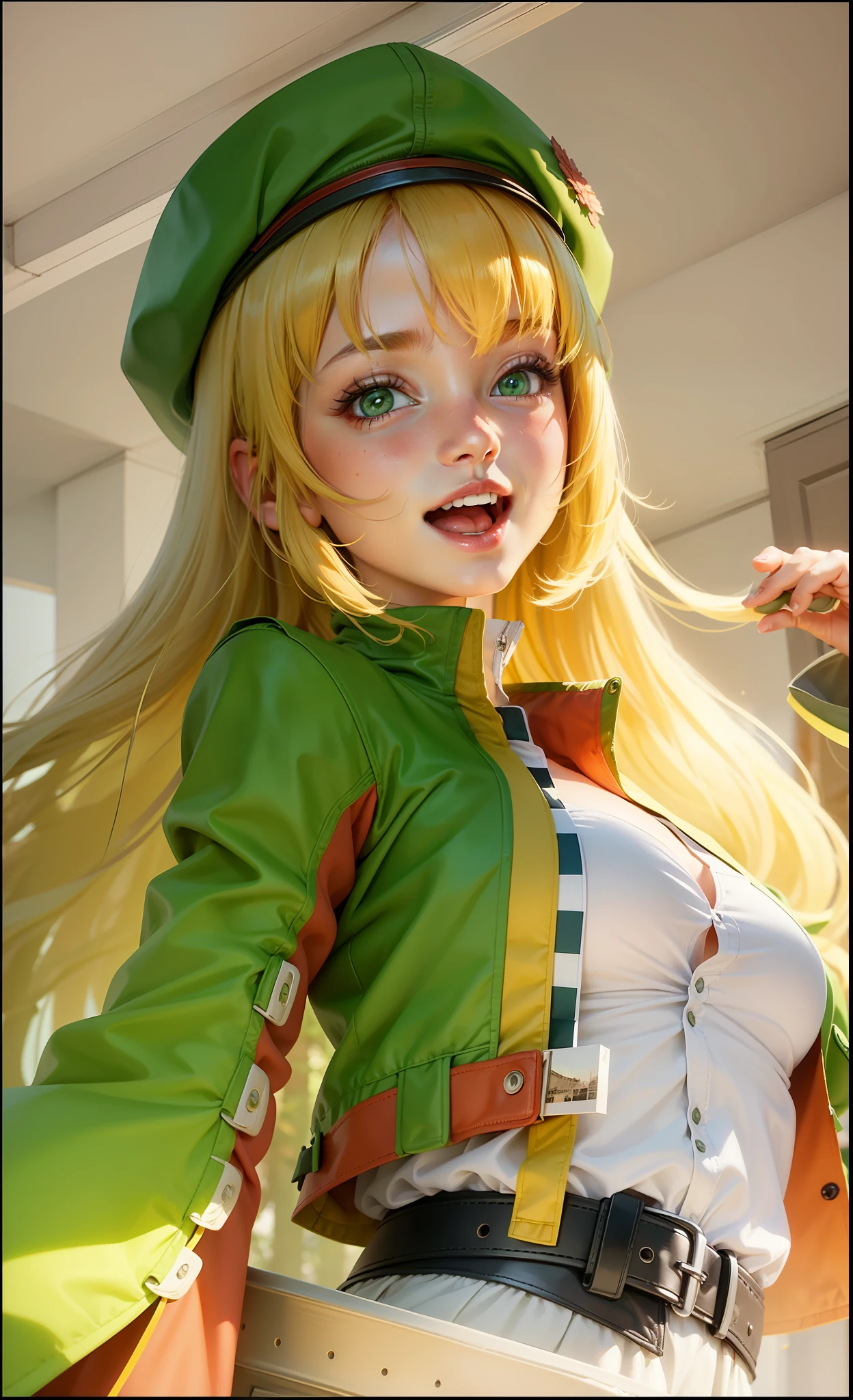 young girl with blonde hair, wearing a green hat and jacket,opened mouth, seeing trough, happy, realistic, 8k quality, high resolution,
