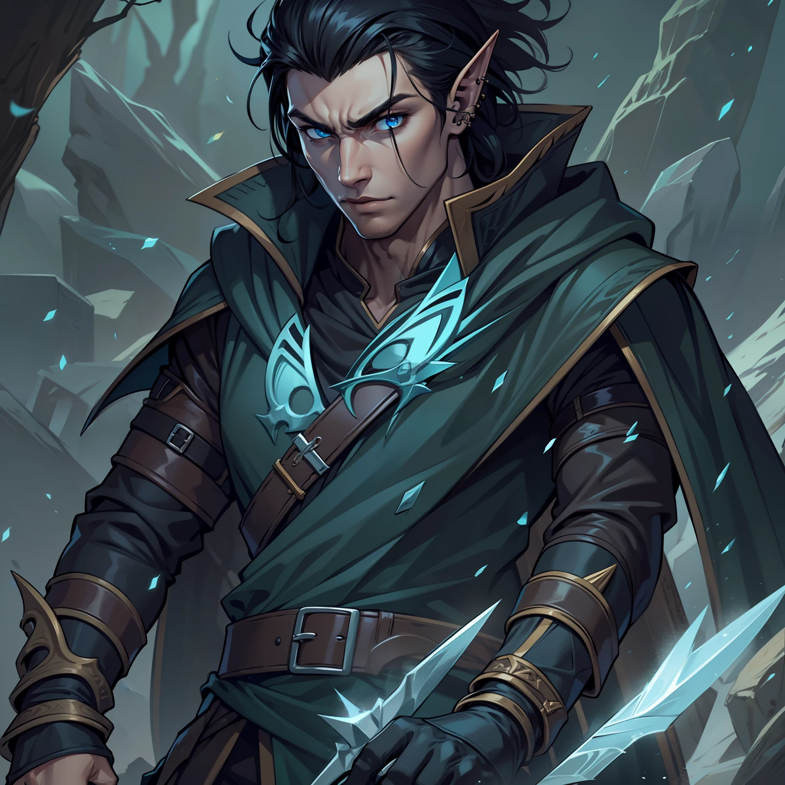 A tall male elf with tan skin wearing black rogue clothing, black hair, and piercing blue eyes skillfully wielding ice daggers.