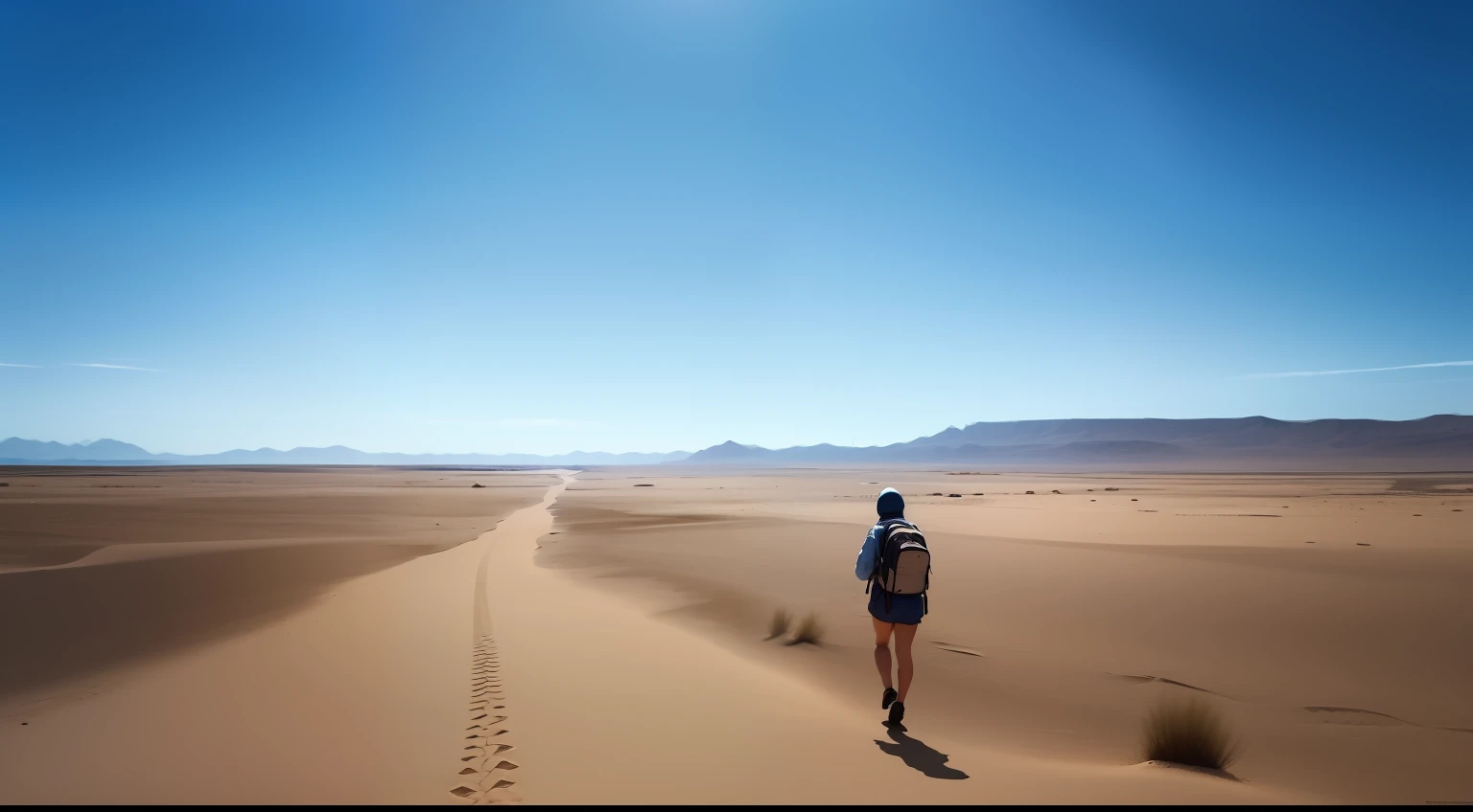 Uma pessoa caminhando por um deserto. The person is carrying a backpack and is looking at the horizon. The sun is shining and the air is dry. The person is determined to reach his destination, apesar dos desafios que enfrenta.