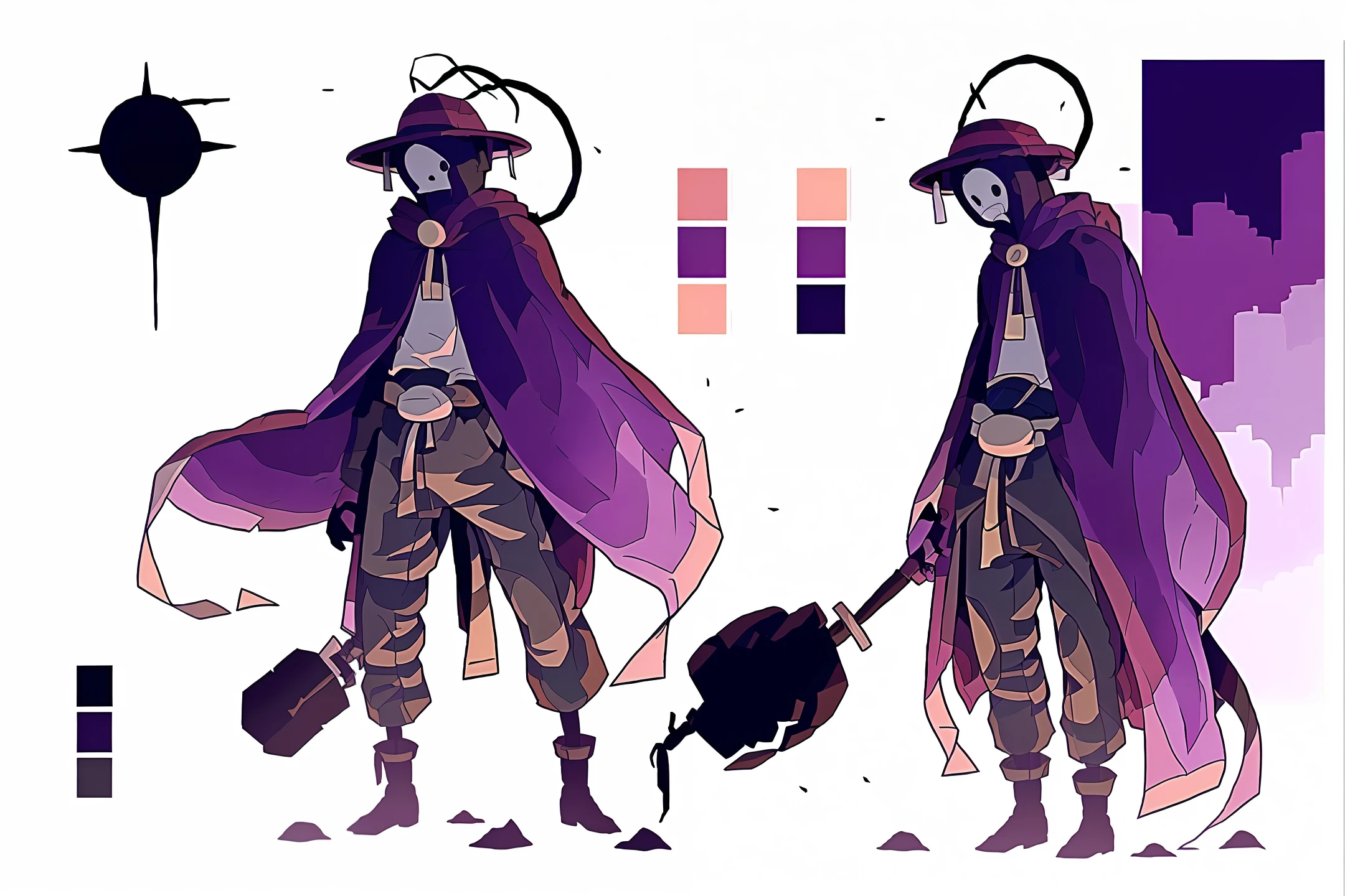 a silhouette of a man with a hat and cloak standing in front of a purple background, concept art inspired by Sakai Hōitsu, deviantart, vanitas, character silhouette, silhouette!!!, detailed silhouette, cel shadow, shalltear from overlord, shadow, wallpaper!, complete darkness background, anthropomorphic silhouette, madara uchiha