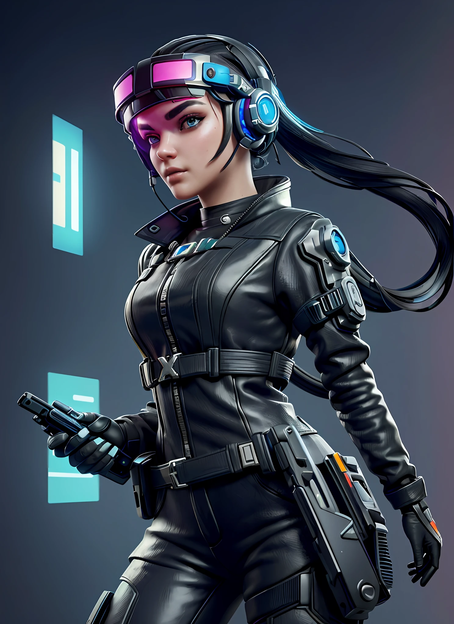 ((Best quality)), ((masterpiece)), (highly detailed:1.3), 3D, beautiful cyberpunk woman,(wearing head-mounted display that is chunky and hi-tech:1.2), playing x box game, gta v, Grand Theft Auto
