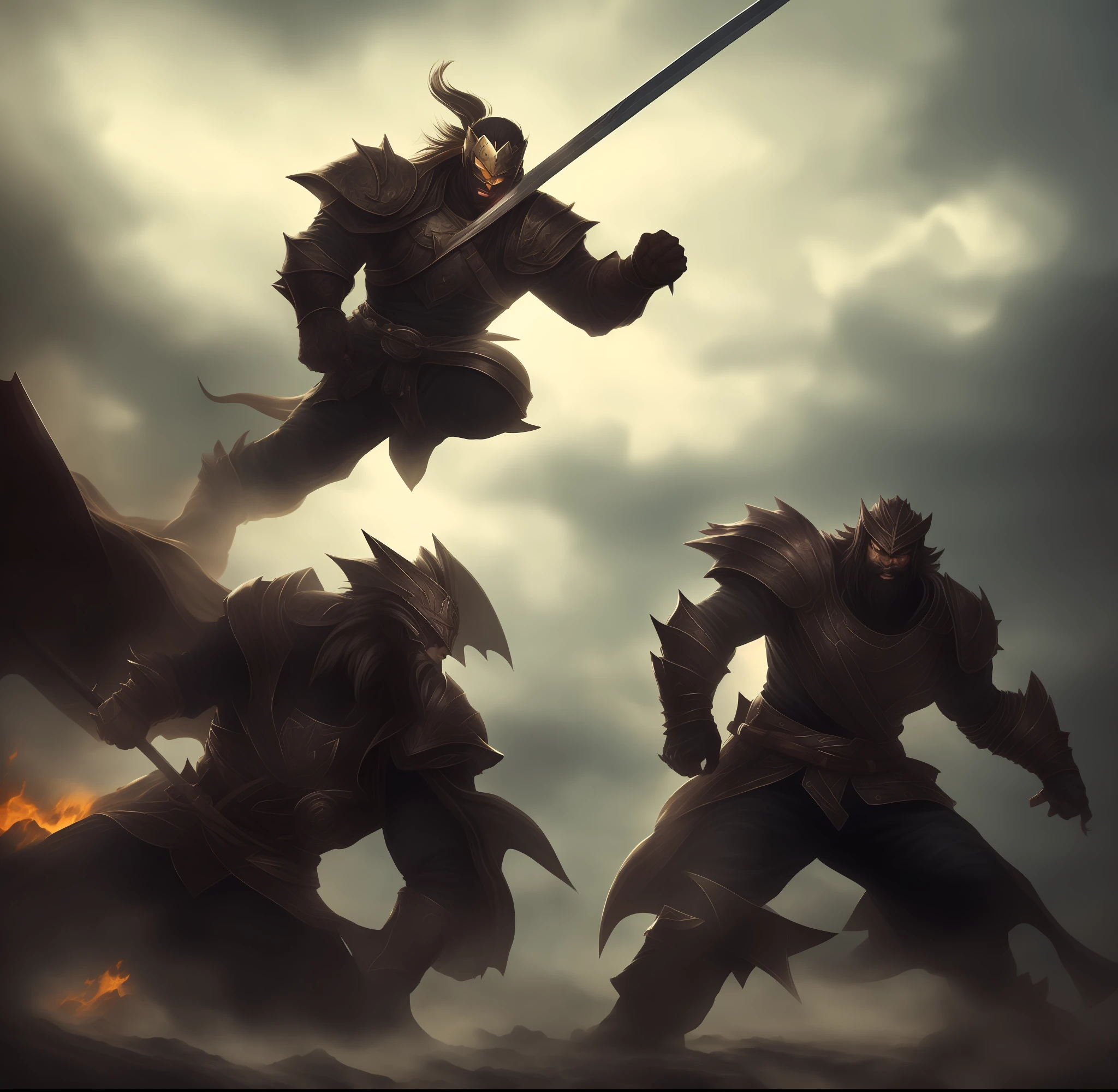 epic pose,Dynamic action,Giant Slayer, Battle, The Last Battle, (giant monster:1.4), giant, (Horrible monster:1.5), Black Fog Monster, Burning eyes,giant, monster, Glowing, water, Cloud, size difference, wings, 1other, exteriors, ocean, cloudy sky, bronya, arma, sword, male focus, army, Sateen, flag, 1boy, facial hair, beard, Cloud, cape, skye, polearm, Solo Focus,Rage, Dynamic action, stroke, Splashes and splinters, Fights with a man, The Warrior Man, Broken armor, Sword in hand, combat stance, storm, hurricane, Fantasy, action, adventure, Warriors, Giants, Epic