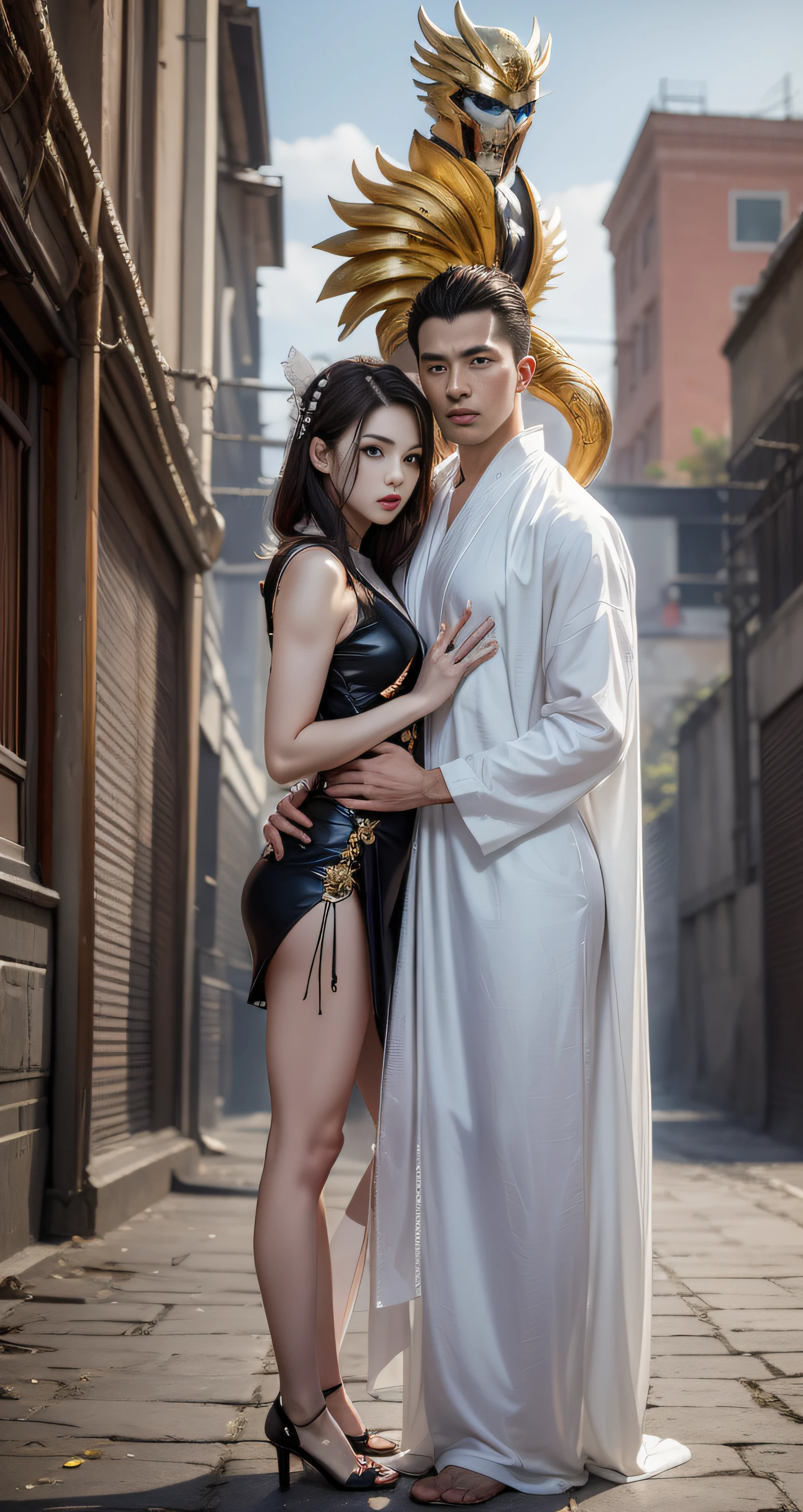 (Couple hugging) rough man Zeus muscles naked, bonito, sexy, seios nus, decote, pernas nuas, transparente, standingn, hanfu, molhado, claro, realista, mais alto detalhe, mythology This is a CG Unity 8k wallpaper with ultra-detailed, high-resolution and top quality in cyberpunk style, dominado por preto e vermelho. Na imagem, A messy white woman, de cabelos curtos, rosto delicado, usando uma mecha a vapor, Standing on the ruins, behind a ruin, A woman holding a heavy sniper rifle.