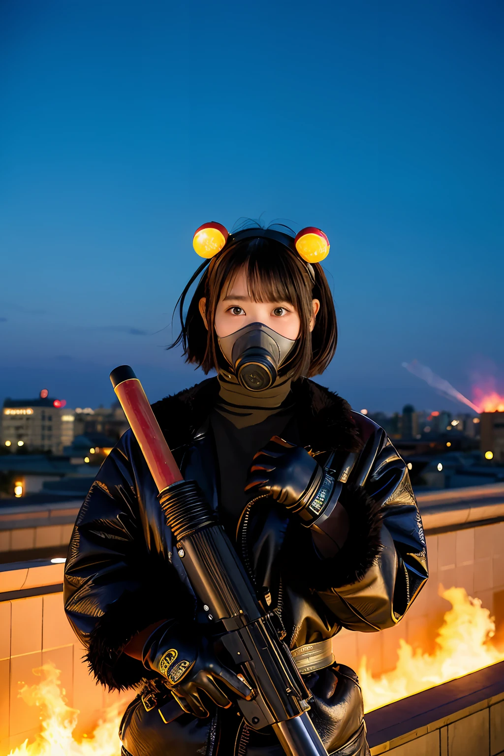 gals、Large gas mask、fur-coat、dictator、Big dragon tattoo、Tattoos all over the body、Glowing headgear、On the rooftop、Huge background is a neon sign、Leather gloves、long boots、Holding a Japan sword、Baseball armor、insurrection、Nuclear power plant in the background、Terrorist groups、Fluorescence Headgear、short-haired、bleu hair、Ignite fire from a flamethrower、、14years、gas masks、 socks、Rooftop at night、City on fire in the background