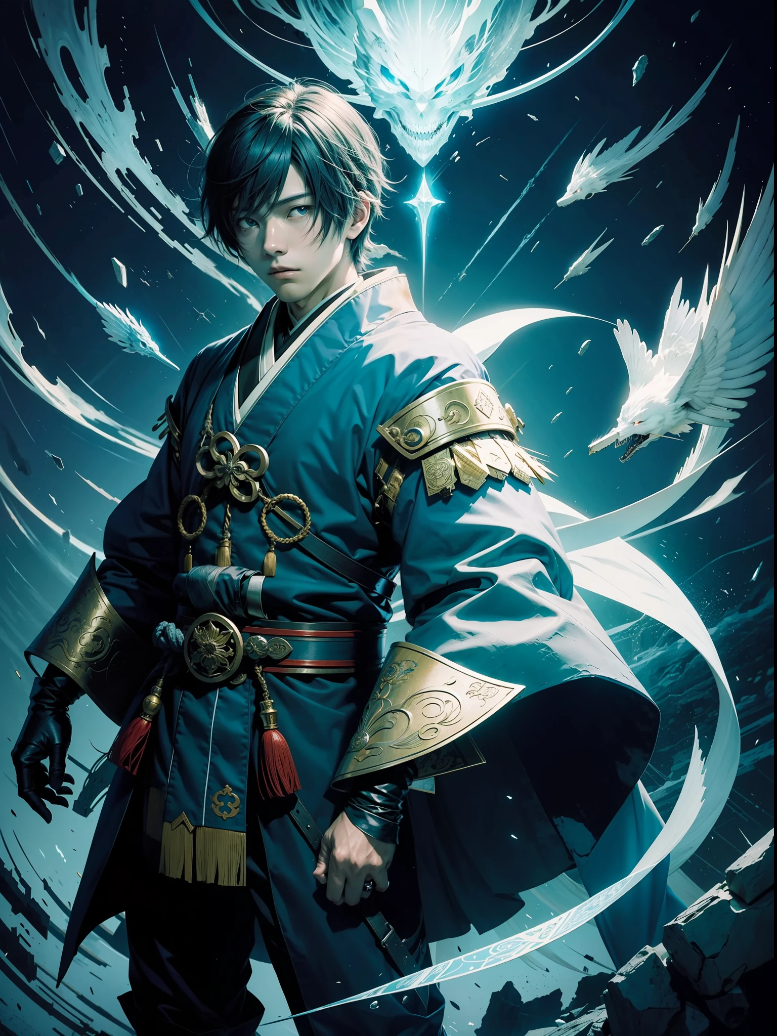 quadratic element，japanese manga，hamlet，Headless teenager，Blue ghost fire background，There is a ghost fire on it，onmyoji，Handsome Japanese teenager --auto