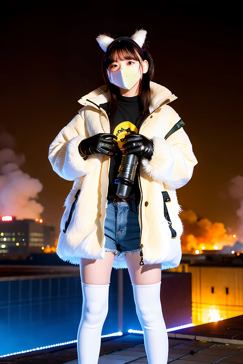 gals、Large gas mask、fur-coat、dictator、Big dragon tattoo、Tattoos all over the body、Glowing headgear、On the rooftop、Huge background is a neon sign、Leather gloves、long boots、Holding a Japan sword、Baseball armor、insurrection、Nuclear power plant in the background、Terrorist groups、Fluorescence Headgear、short-haired、bleu hair、Ignite fire from a flamethrower、、14years、gas masks、 socks、Rooftop at night、City on fire in the background