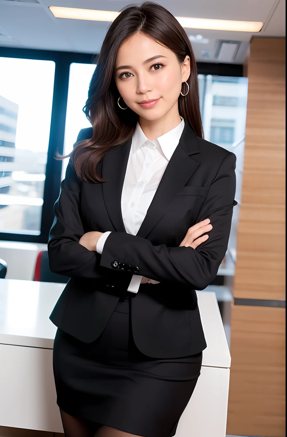 1 mulher SEO de uma Empresa de sucesso , solo, separated-lips, office lady, business attire,
Fundo branco, arms behind her head, lado olhando para a plateia, sorrindo,