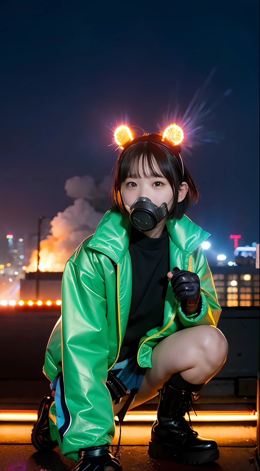 beautiful Girl、Neon sign-on in the background、gals、Large gas mask、fur-coat、dictator、Big dragon tattoo、Tattoos all over the body、Glowing headgear、On the rooftop、Huge background is a neon sign、Leather gloves、long boots、Holding a Japan sword、Baseball armor、insurrection、Nuclear power plant in the background、Terrorist groups、Fluorescence Headgear、short-haired、bleu hair、Ignite fire from a flamethrower、、14years、gas masks、 socks、Rooftop at night、City on fire in the background