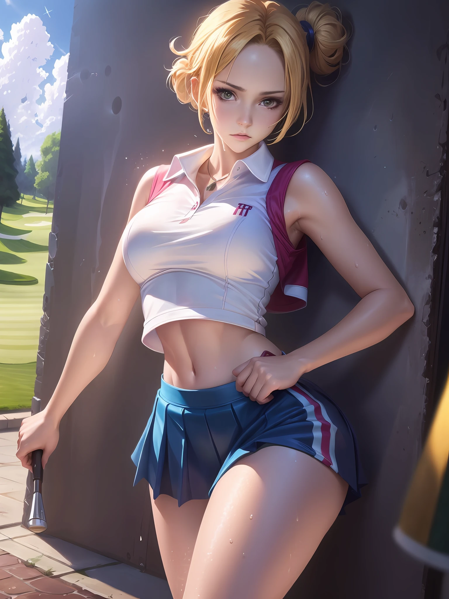 ((masutepiece)),((High resolution)), Dramatic Lighting, Sharp Focus, 16k UHD,
Ultra-realistic illustrations,1beautiful girl,golf Uniform,Teenage girl,small head ,Large breasts,shiny skins,nice legs,wet skins sweat,In golf couse,
