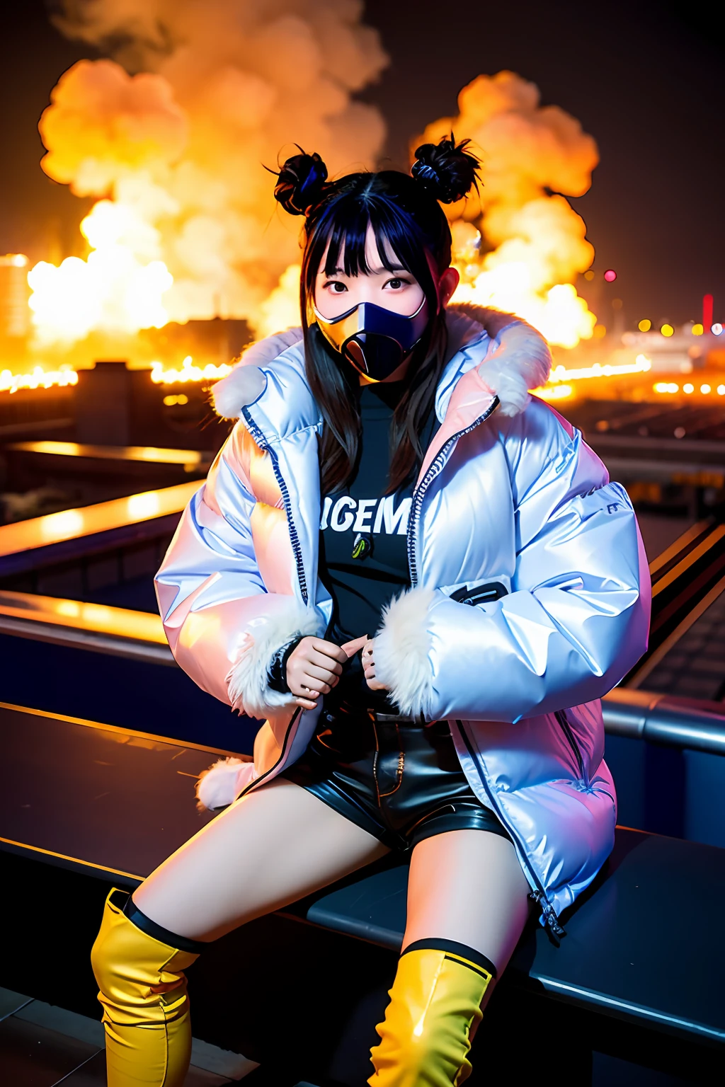 gals、Large gas mask、fur-coat、dictator、Big dragon tattoo、Tattoos all over the body、Glowing headgear、On the rooftop、Huge background is a neon sign、Leather gloves、long boots、Holding a Japan sword、Baseball armor、insurrection、Nuclear power plant in the background、Terrorist groups、Fluorescence Headgear、short-haired、bleu hair、Ignite fire from a flamethrower、、14years、gas masks、 socks、Rooftop at night、City on fire in the background