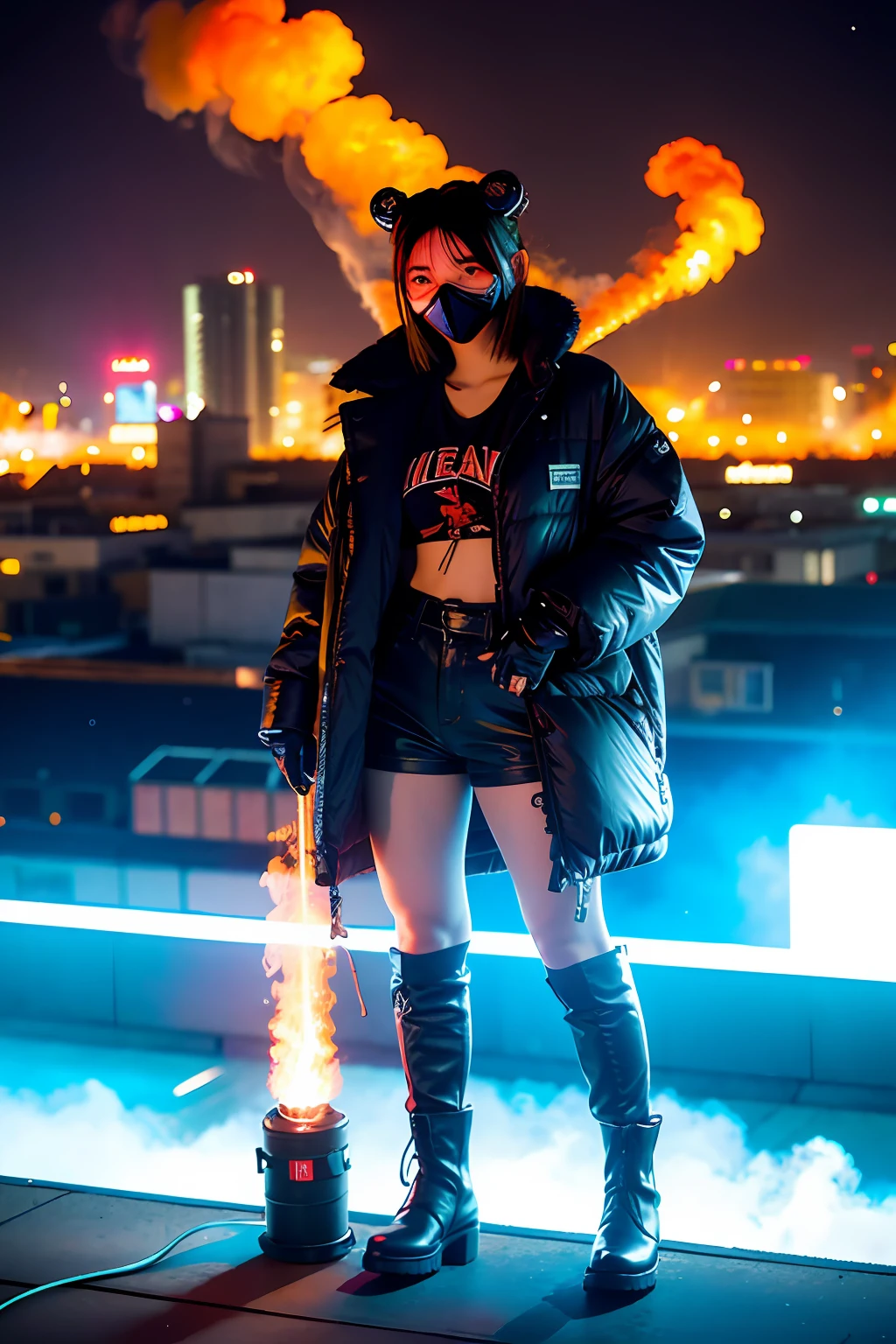 gals、Large gas mask、fur-coat、dictator、Big dragon tattoo、Tattoos all over the body、Glowing headgear、On the rooftop、Huge background is a neon sign、Leather gloves、long boots、Holding a Japan sword、Baseball armor、insurrection、Nuclear power plant in the background、Terrorist groups、Fluorescence Headgear、short-haired、bleu hair、Ignite fire from a flamethrower、middle school girl、14years、gas masks、high socks、Rooftop at night、City on fire in the background