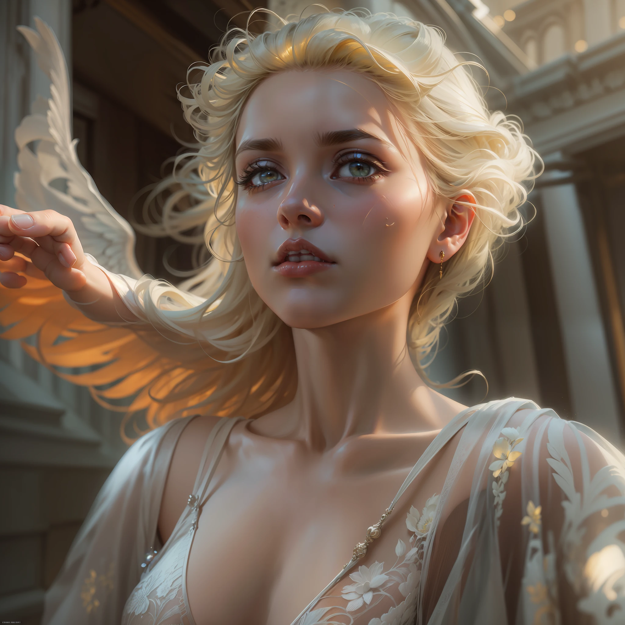 In the city of heaven, a magical place with marble columns, flowers and lake a gorgeous woman angel, beautiful face, banished to the earth, []| (full body)|HIGHLY detailed face, golden blond hair, transparent ethereal drees, magnificent winds hyperrealism| HDR, SMOOTH, SHARP FOCUS, IN THE STYLE OF EMITTING DIODES, BY PASCAL BLANCHE RUTKOWSKI, REPIN ARTSTATION, HYPERREALISM,, PAINTING, CONCEPT ARTOF DETAILED CHARACTER, DESIGN MATTE PAINTING, 4K RESOLUTION BLADERUNNER, highly detailed| intricate detailed| volumetric lighting| , perfect composition, beautiful detailed intricate insanely detailed octane render trending on artstation, 8 k artistic photography, photorealistic concept art, soft natural volumetric cinematic perfect light, chiaroscuro, award - winning photograph, masterpiece, oil on canvas, raphael, caravaggio, greg rutkowski,PROFESSIONAL PHOTOGRAPHY, FULL IMAGE, full lengtH, PHOTO-REALISTIC,