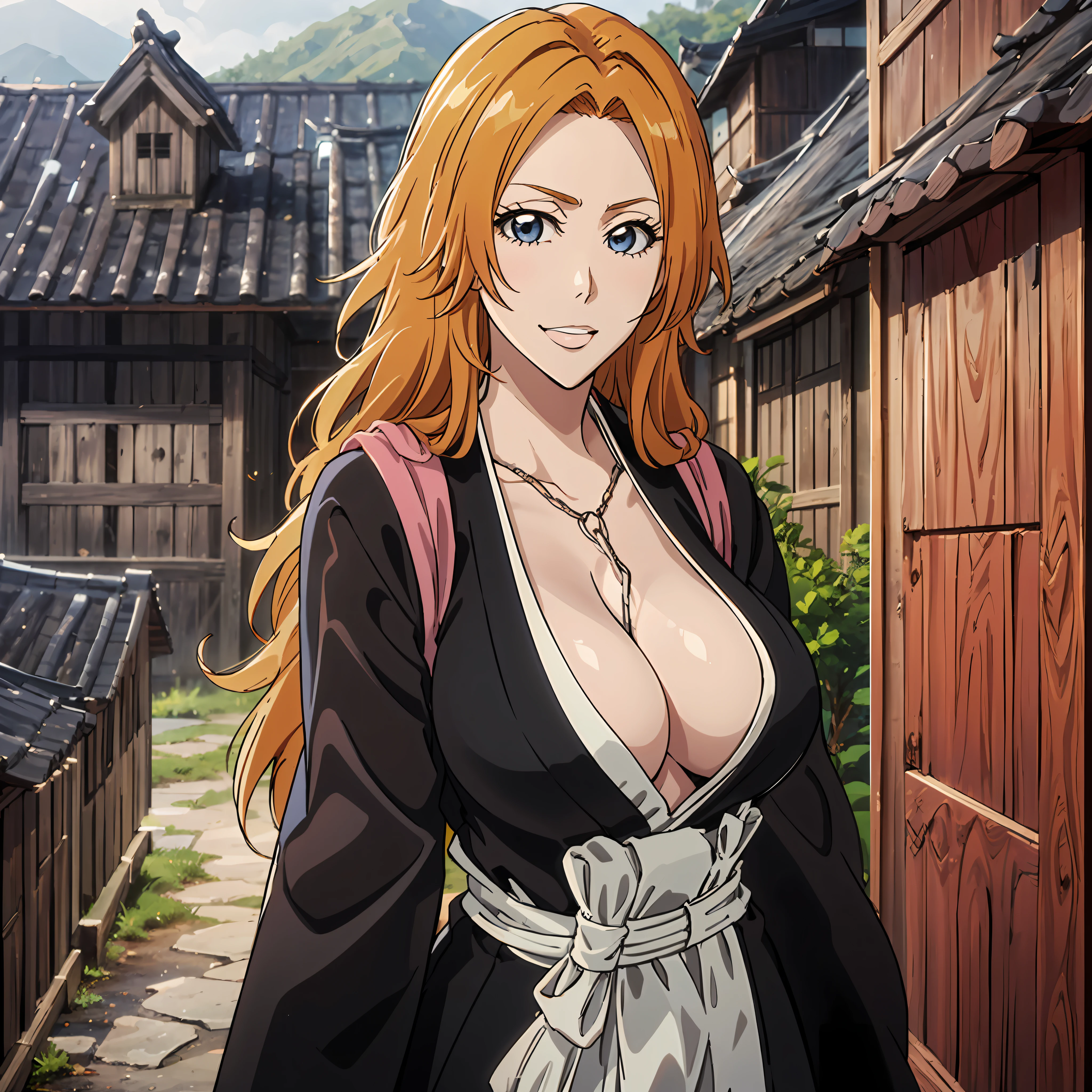 1 girl, Matsumoto Rangiku, huge breasts, japanese village background, official art, orange hair, blue eyes, long hair, cleavage, wavy hair, black kimono, silver chain, pink shawl, black wide sleeves, white sash, smile, facing towards the viewer