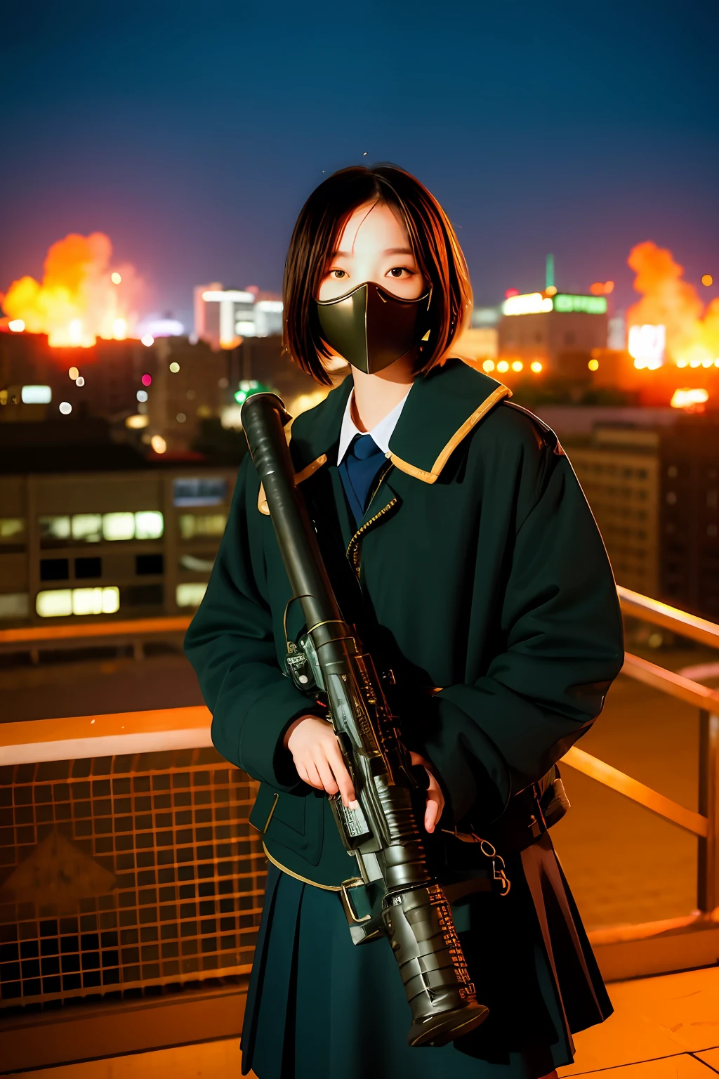 middle school girl、14years、Large gas mask、fur-coat、dictator、Big dragon tattoo、Tattoos all over the body、Glowing headgear、On the rooftop、Huge background is a neon sign、Leather gloves、long boots、Holding a Japan sword、Baseball armor、insurrection、Nuclear power plant in the background、Terrorist groups、Fluorescence Headgear、short-haired、bleu hair、Ignite fire from a flamethrower、middle school girl、14years、gas masks、high socks、Rooftop at night、City on fire in the background