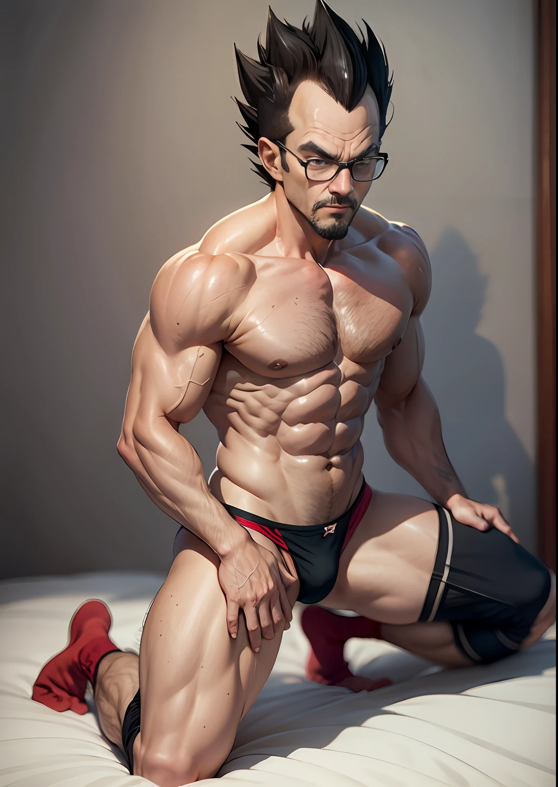 aged 40，Vegeta，Shirtless man in underwear（The contour is raised）Do it in bed，Kneeling，leg wide open，raise，lbeard，Black socks，Red panties，wears glasses