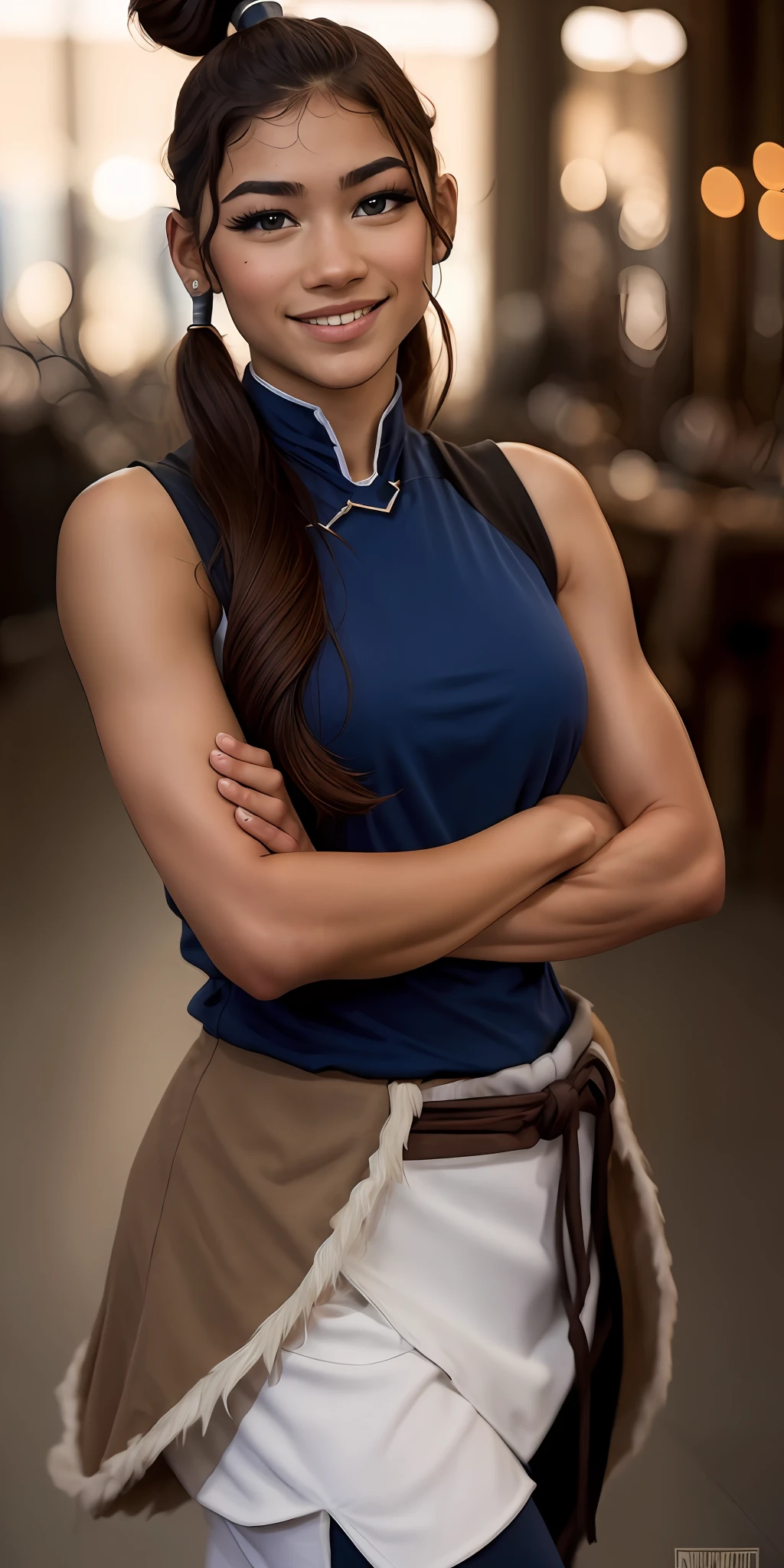 (masterpiece, best quality:1.2), cowboy shot, solo, 1girl, korra, ((face of zendaya)) , dark skin, dark-skinned female, smile, looking at viewer, crossed arms, ponytail, hair tubes, sleeveless, bare shoulders