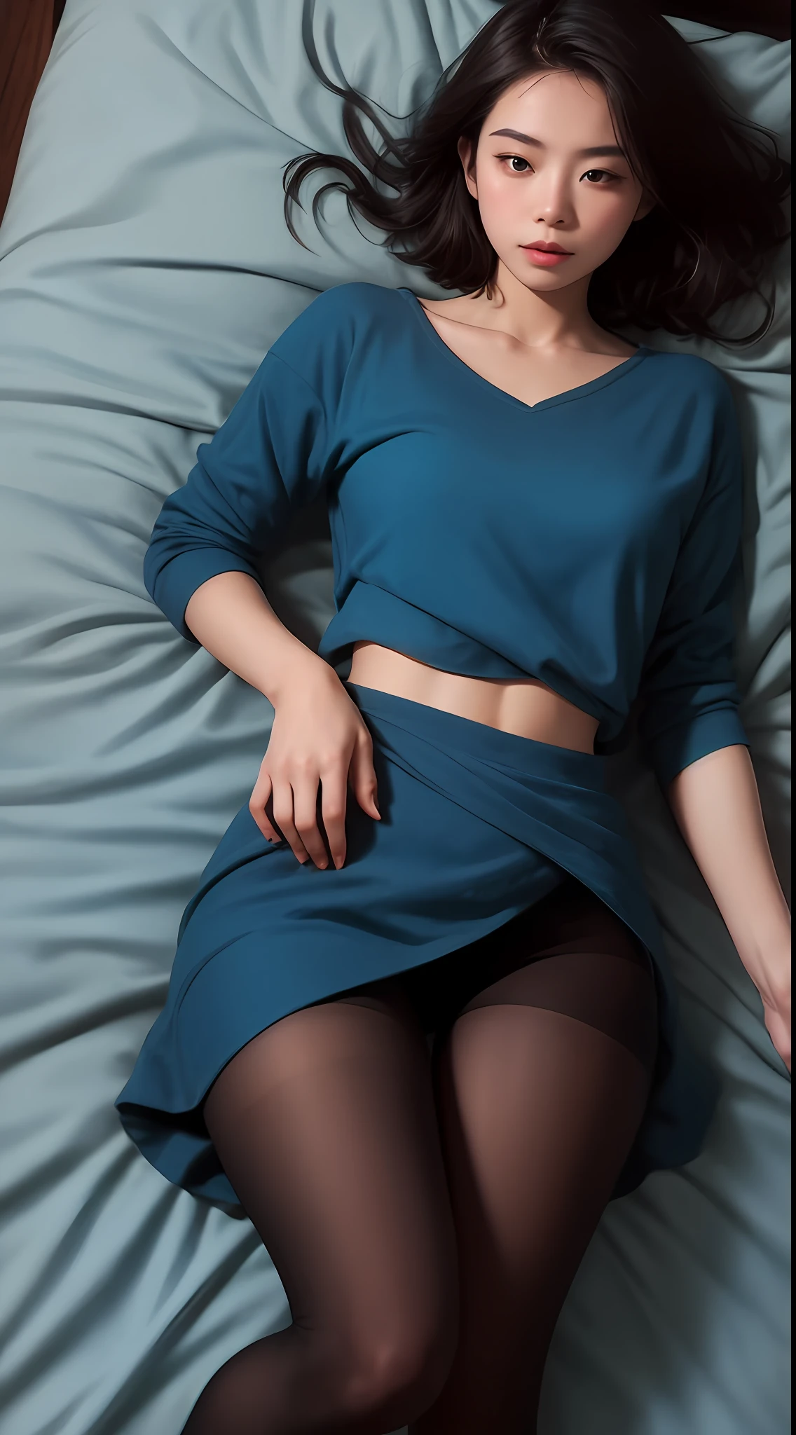 Beautiful young asian girl, dormindo em uma cama, Fofa, saia plissada azul curta, blusa de frio cinza, pernas longas, dark pantyhose, ((cabelo longo))), melhor qualidade, 8K, HDR,