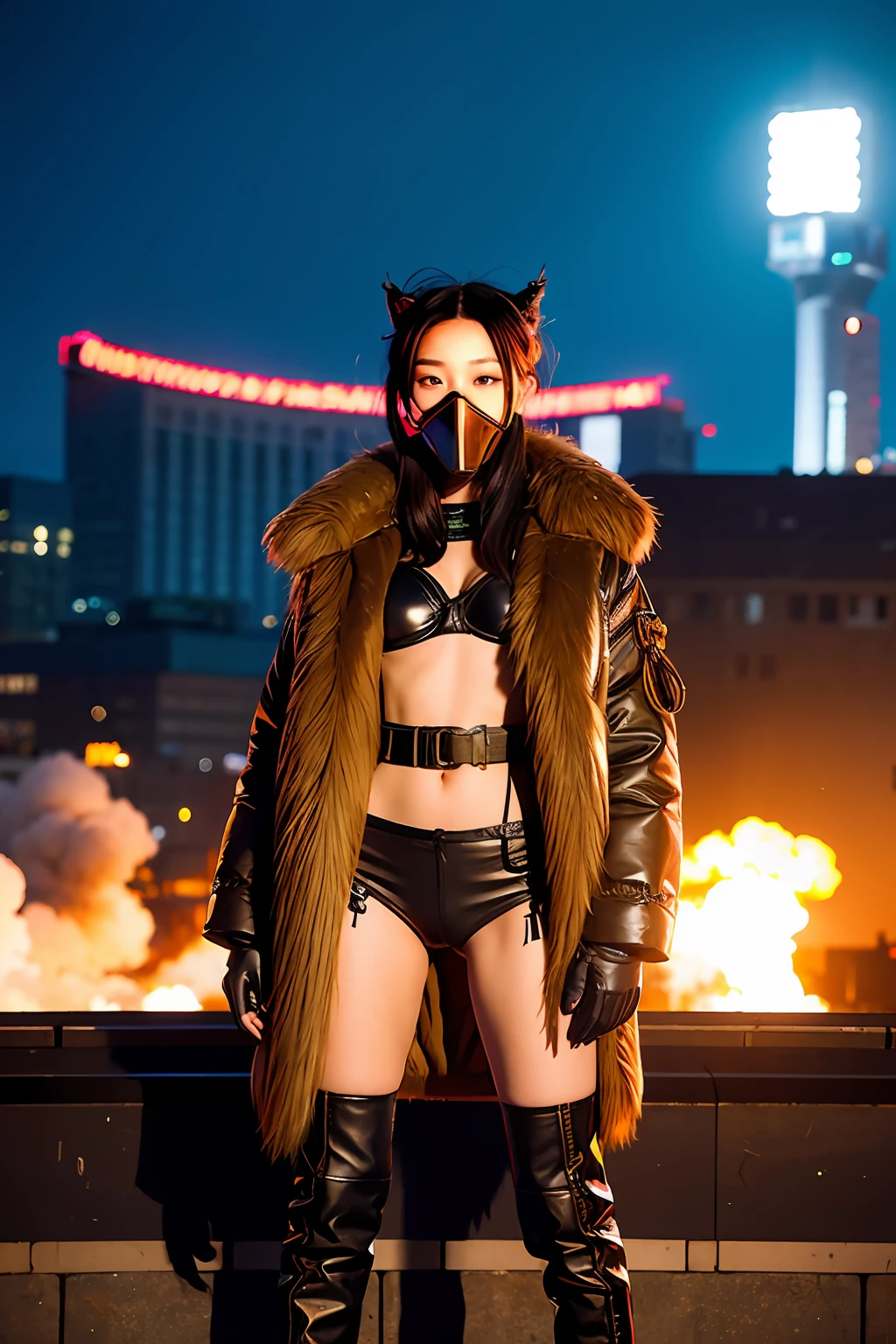 gals、Large gas mask、fur-coat、dictator、Big dragon tattoo、Tattoos all over the body、Glowing headgear、On the rooftop、Huge background is a neon sign、Leather gloves、long boots、Holding a Japan sword、Baseball armor、insurrection、Nuclear power plant in the background、Terrorist groups、Fluorescence Headgear、short-haired、bleu hair、Ignite fire from a flamethrower、middle school girl、14years、gas masks、high socks、Rooftop at night、City on fire in the background