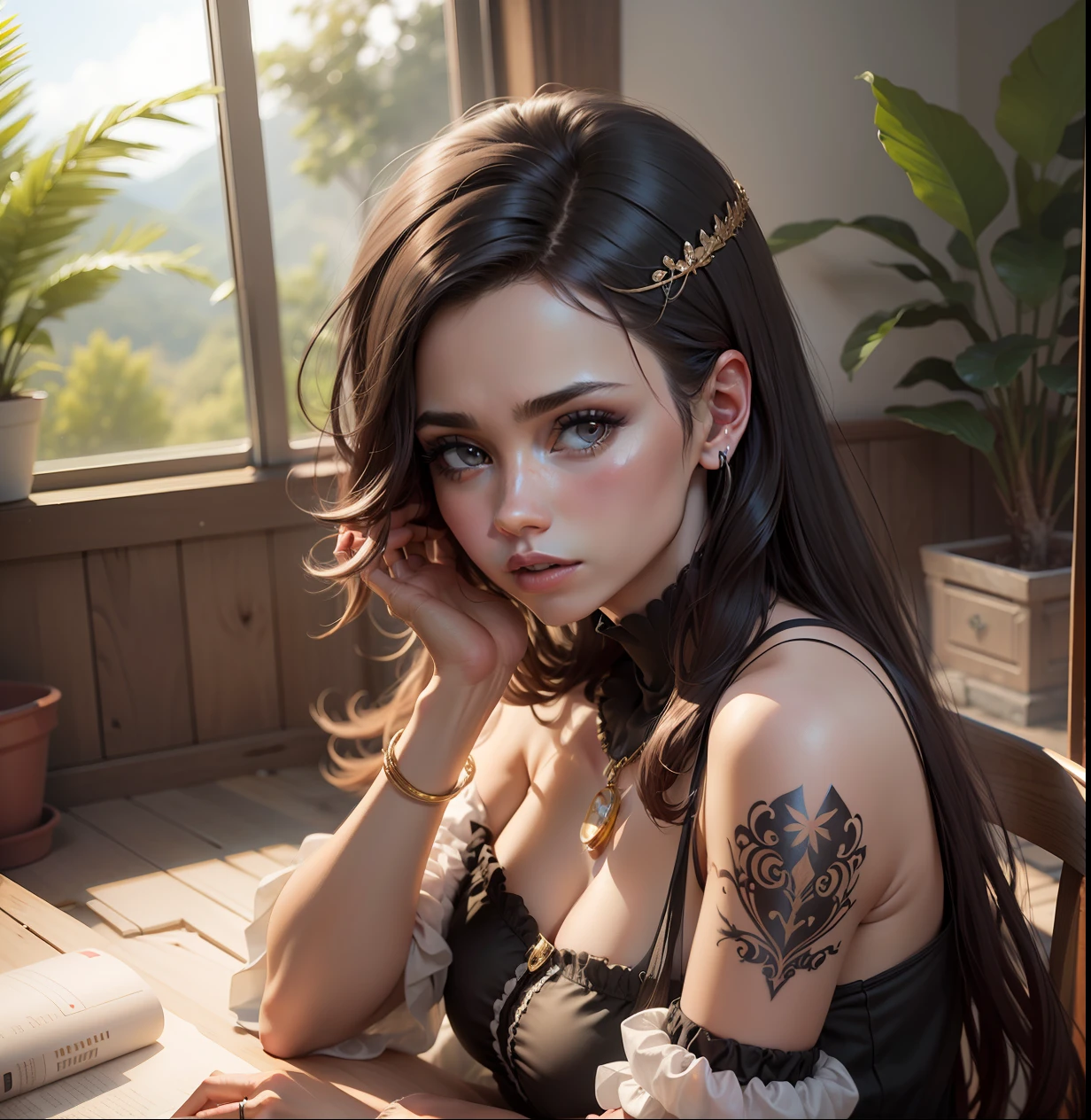 Mulher rockeira, cabelo preto, batom preto, labios brilhantes, olhos escuros, vestido preto, (vestido detalhado), sentada da janela, luz sol, cortina branca, roupa apertada, decote, pulseiras, tatuagens, foco, (1solo), (Obra prima, ultra realista, Melhor imagem),