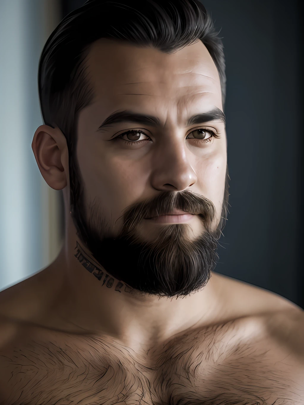 Retrato de Um homem de meia idade, rosto pele detaldados, rugas de expressao, barba grisalha estilo lenhador, sem camisa, peito muito peludo, semblante rigido. Cena ultra detalhada, camera  dslr com Lente 50mm, soft studio lighting