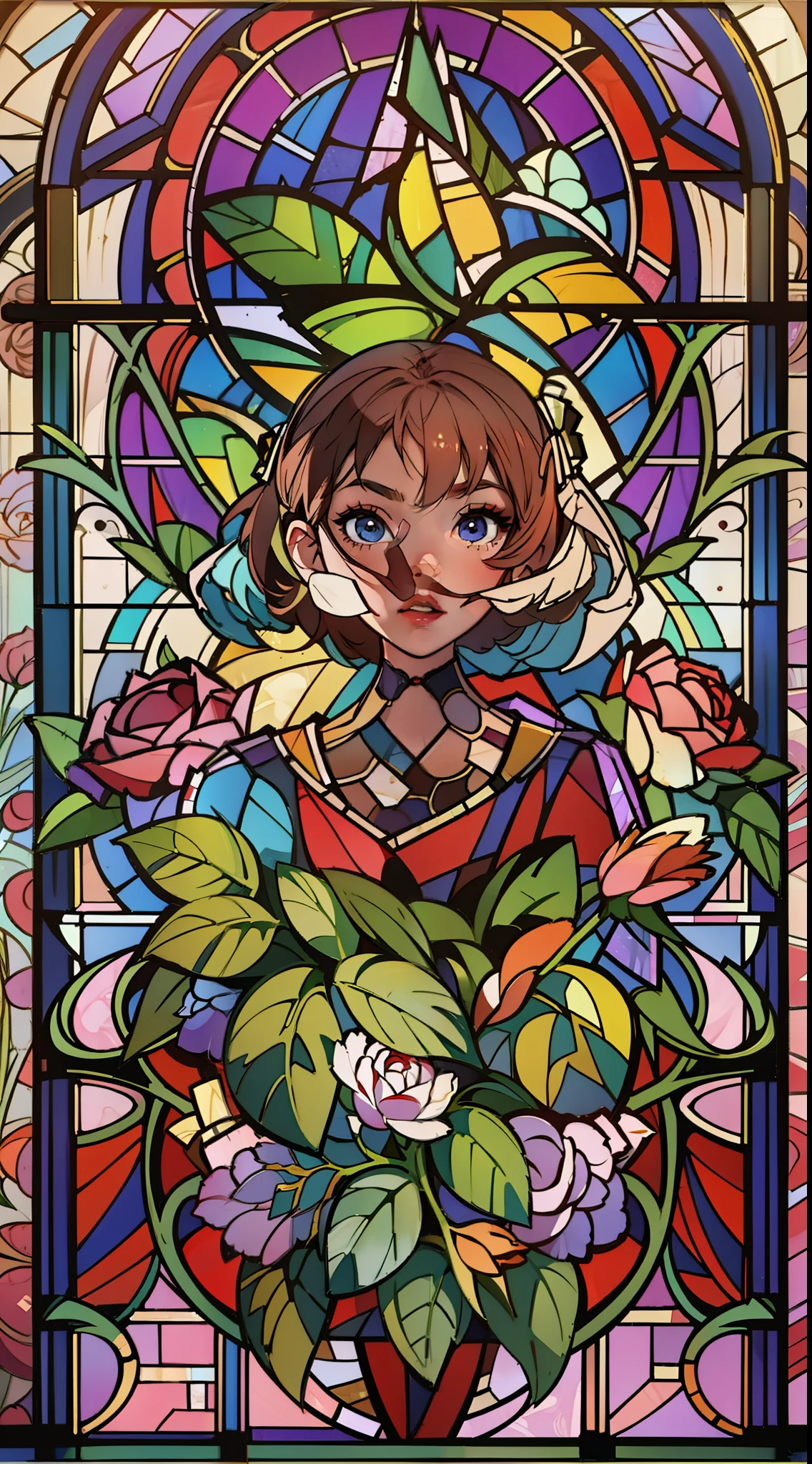 (Vibrant roses:1.2, intricate stained glass-like designs:1.2, mesmerizing artistry:1.1)