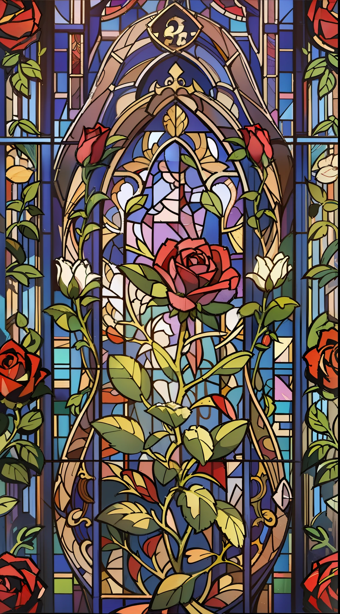 (Vibrant roses:1.2, intricate stained glass-like designs:1.2, mesmerizing artistry:1.1)