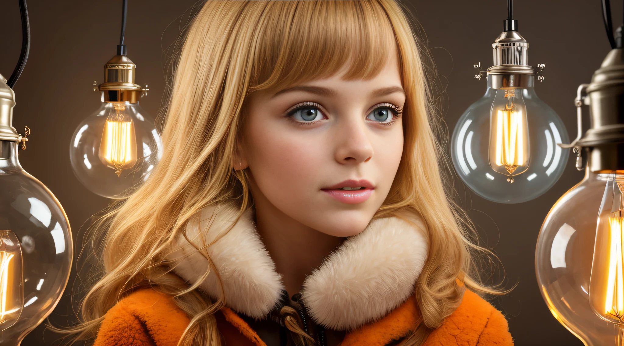 there is a GIRL CHILD 12 YEARS BLONDE CABEL SMOOTH BIG, PORTRAIT, WITH FUR COAT, a closeup of a lot of lamps hanging from a ceiling, nostalgic lighting, lamps, retro lights, some lamps, vibrant lighting, vibrant lights, various lighting climate, commercial lighting, industrial lighting, technological lights, creative lighting, lots of bright lights, cold hot lighting,  bright lamps, glass lamps, bright electric orange lights, warm lighting, nixie tubes