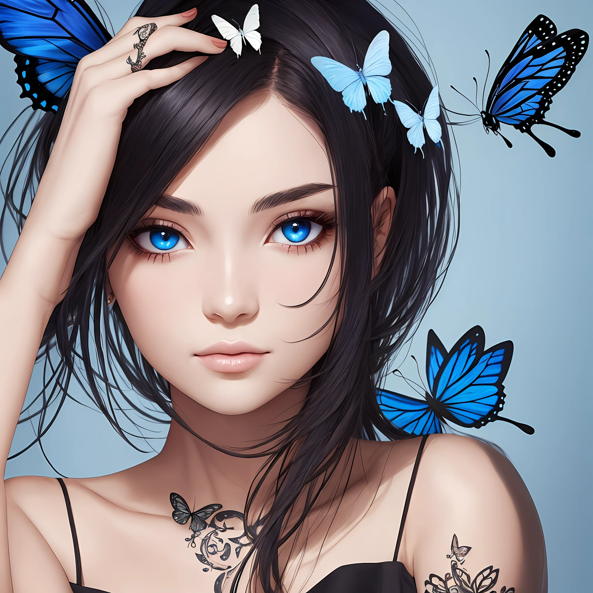 A gorgeous avatar: white skin, medium hair, black with blue tips, eye half pulled, delicate face, butterfly tattoo on arm --auto