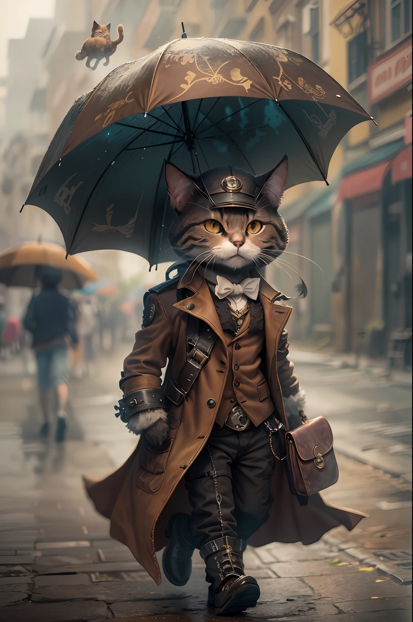 Gato misterioso vagando pelas ruas da cidade na chuva, arte conceitual, steampunk,