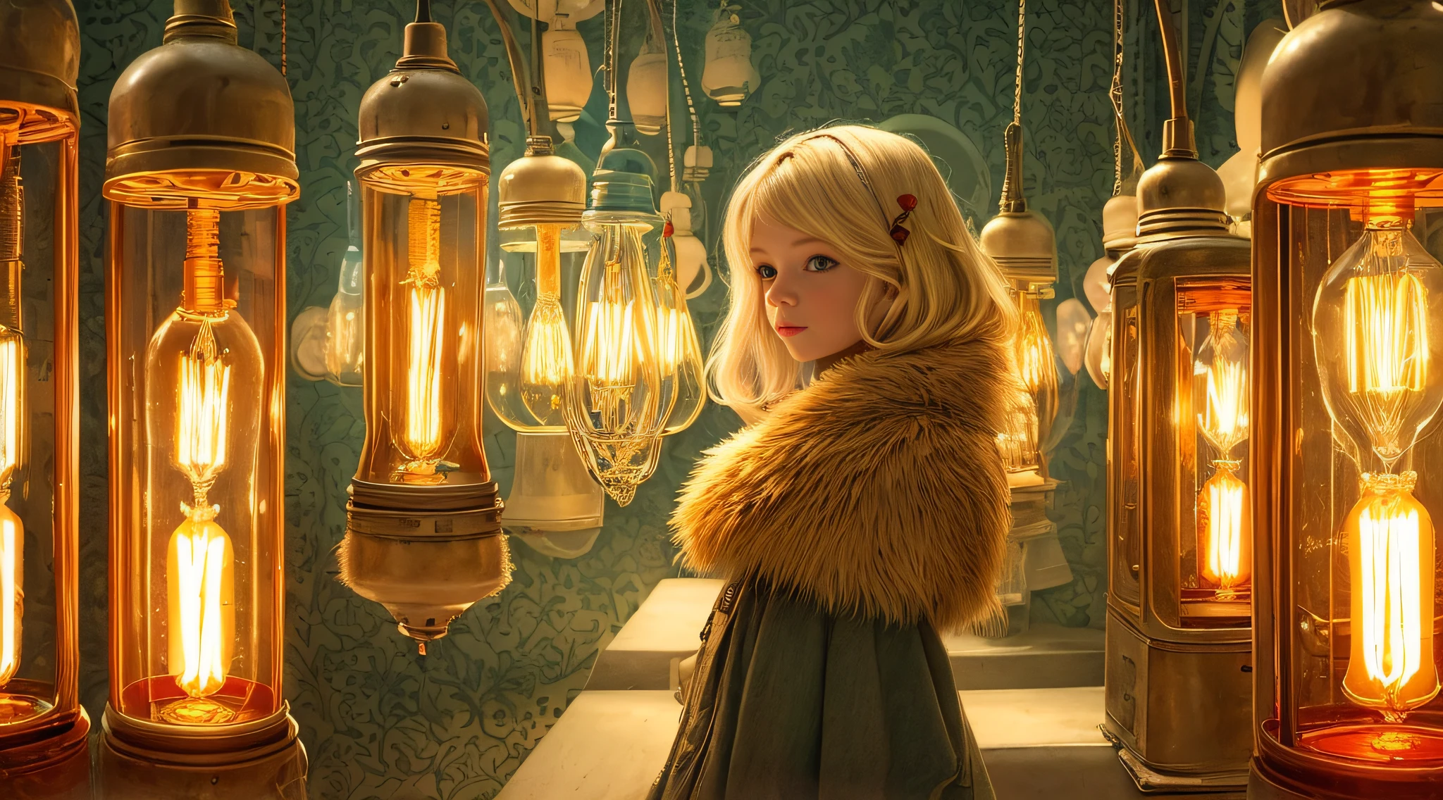 there is a GIRL CHILD 12 YEARS BLONDE CABEL SMOOTH BIG, PORTRAIT, WITH FUR COAT, a closeup of a lot of lamps hanging from a ceiling, nostalgic lighting, lamps, retro lights, some lamps, vibrant lighting, vibrant lights, various lighting climate, commercial lighting, industrial lighting, technological lights, creative lighting, lots of bright lights, cold hot lighting,  bright lamps, glass lamps, bright electric orange lights, warm lighting, nixie tubes