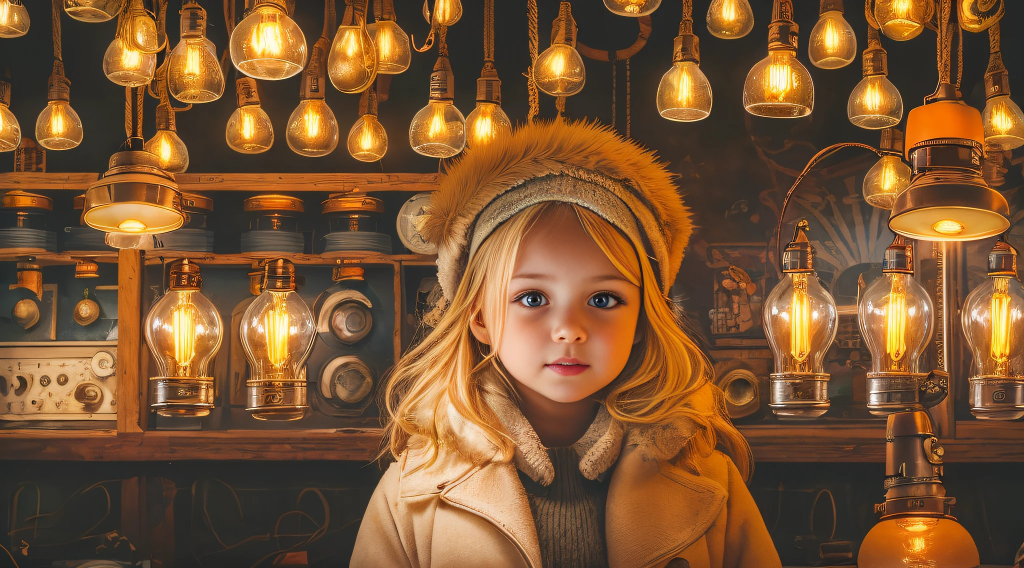there is a GIRL CHILD 12 YEARS BLONDE CABEL SMOOTH BIG, PORTRAIT, WITH FUR COAT, a closeup of a lot of lamps hanging from a ceiling, nostalgic lighting, lamps, retro lights, some lamps, vibrant lighting, vibrant lights, various lighting climate, commercial lighting, industrial lighting, technological lights, creative lighting, lots of bright lights, cold hot lighting, bright lamps, glass lamps, bright electric orange lights, warm lighting, nixie tubes