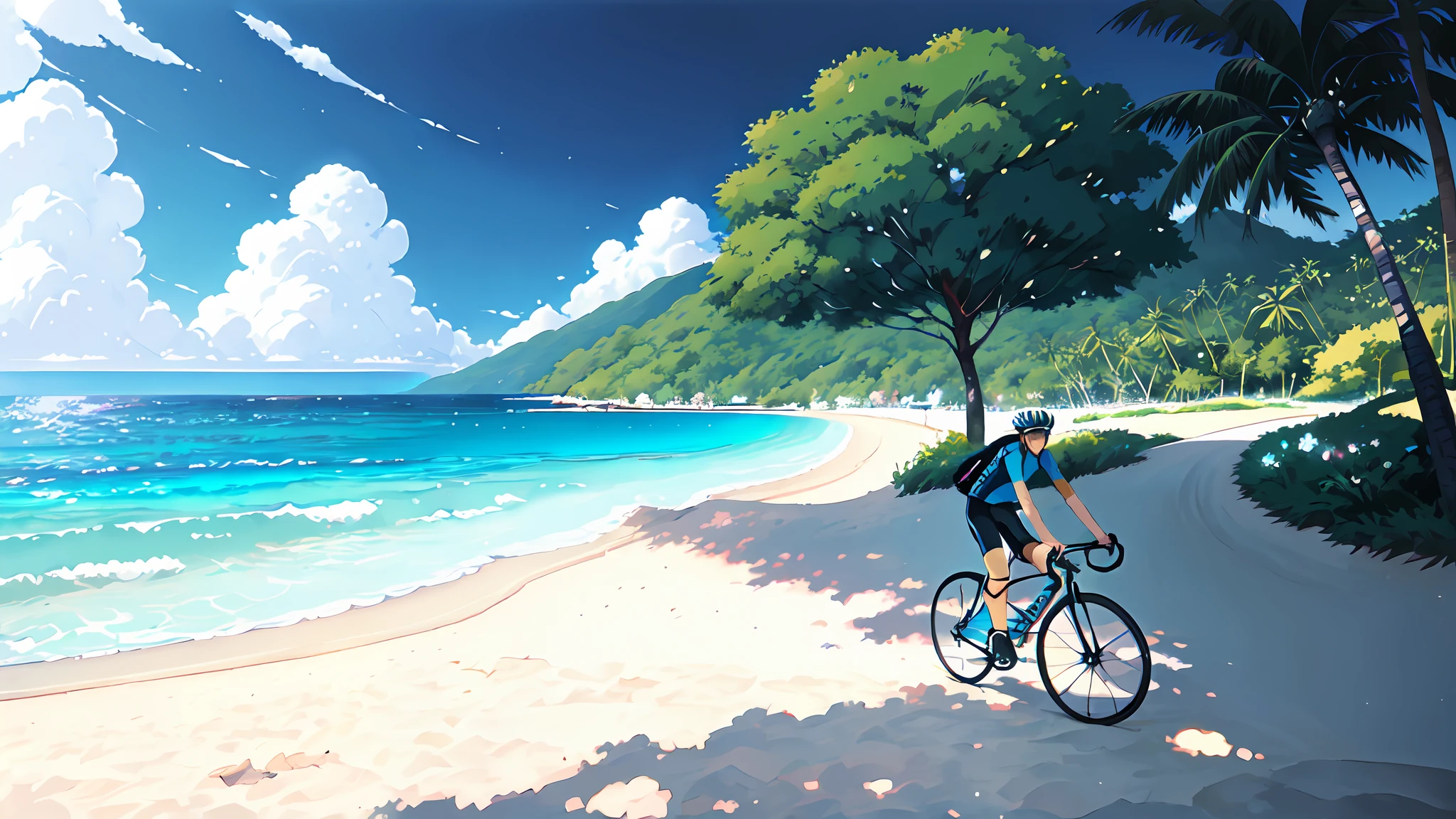 (bicycle:1.5), (Realistic bike: 1.5), (realistic cyclist: 1.5), plan close-up, seychelles, anse source d'argent, plage, mer, sable, soleil, Landscaped background, ombres, contraste, makoto shinkai (beste-Qualit:1.3), (Highres:1) Art par Studio Ghibli Style, Impressionnisme, Couleurs vibrantes