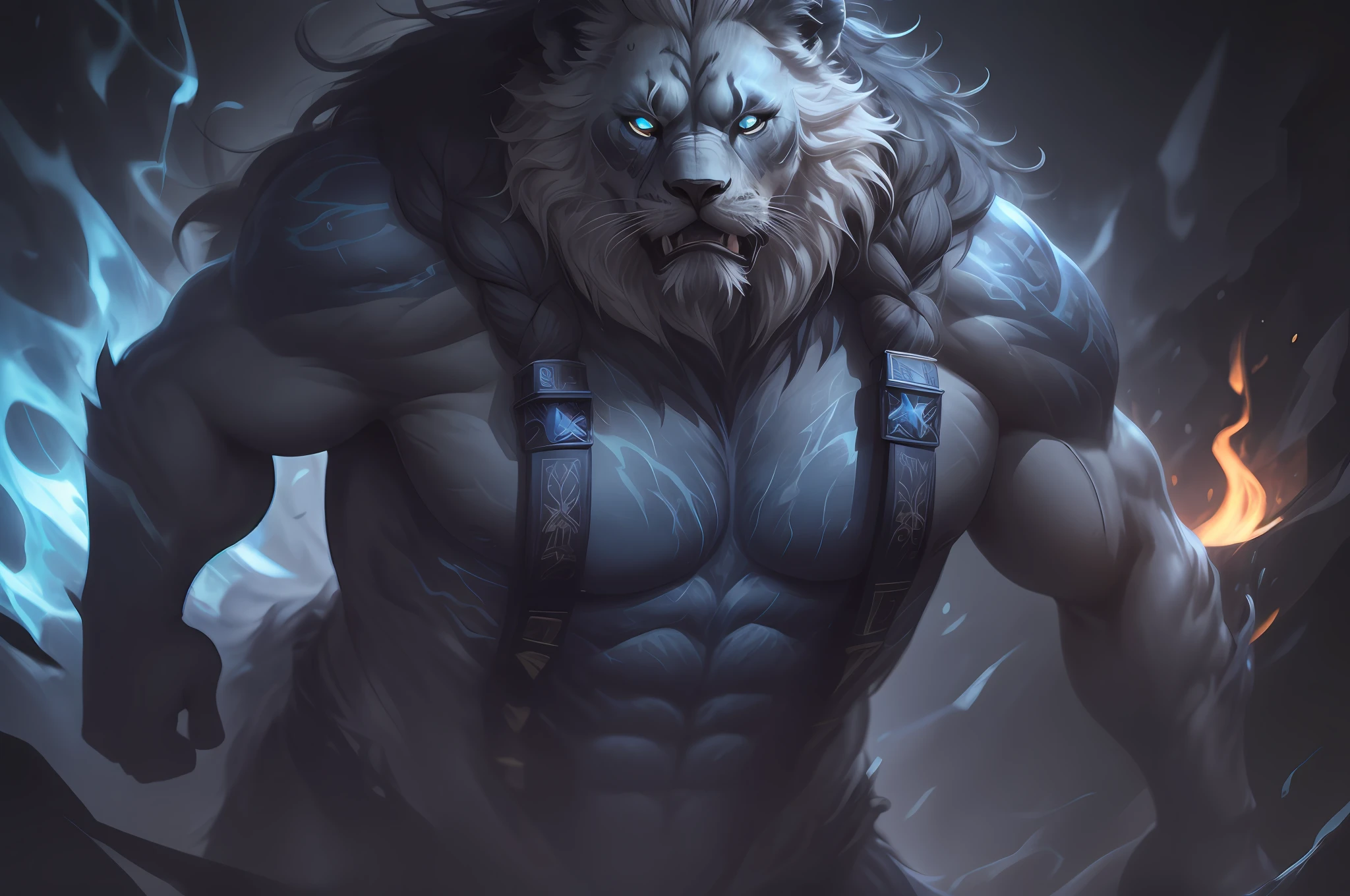 Leo Extremely detailed eyes detailed with fire , expression of anger extremely detailed blue rays , Extremely detailed black lion, Exactly detailed standing muscle home