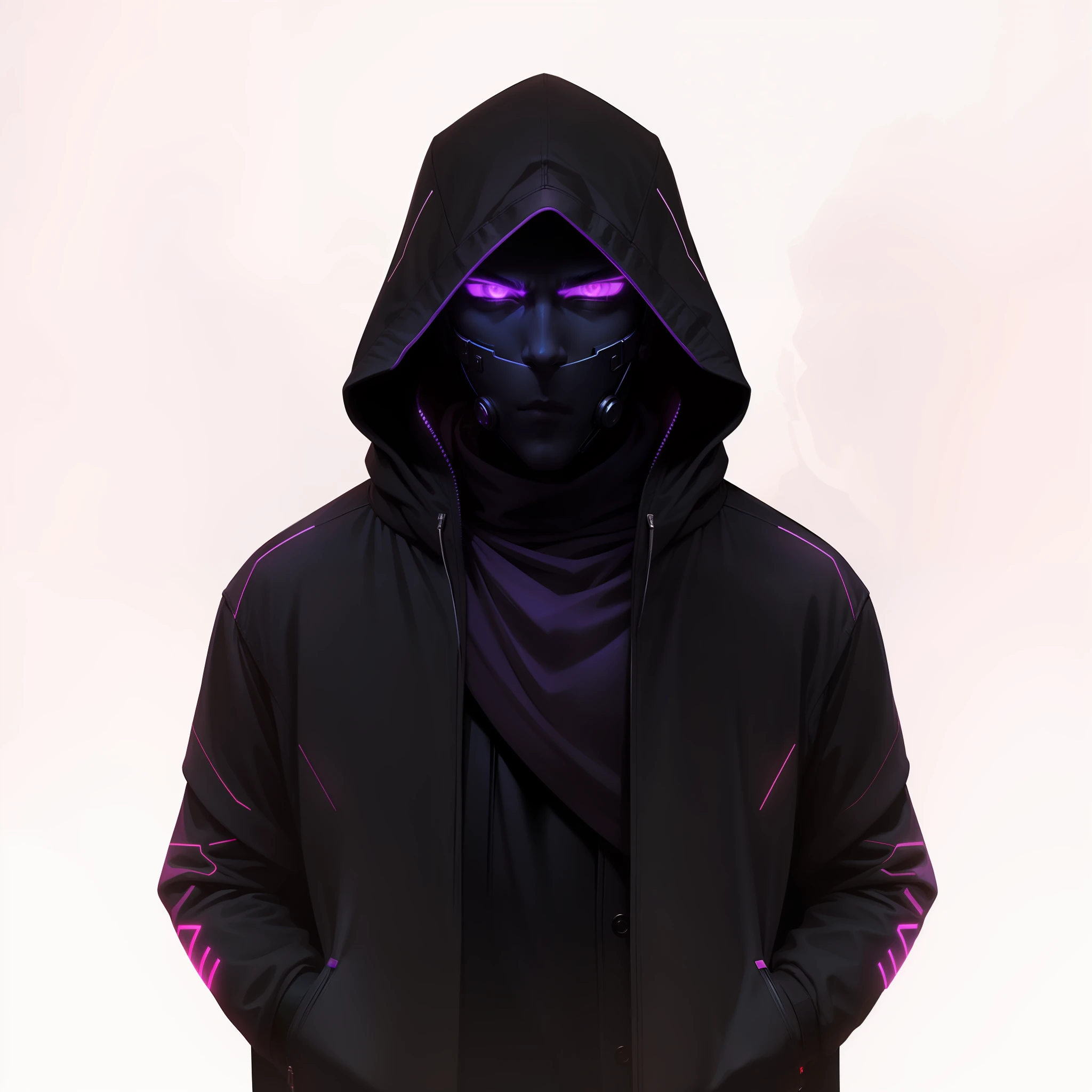 male character, hooded, cyberpunk style, and eyes neon, Black with purple neon.