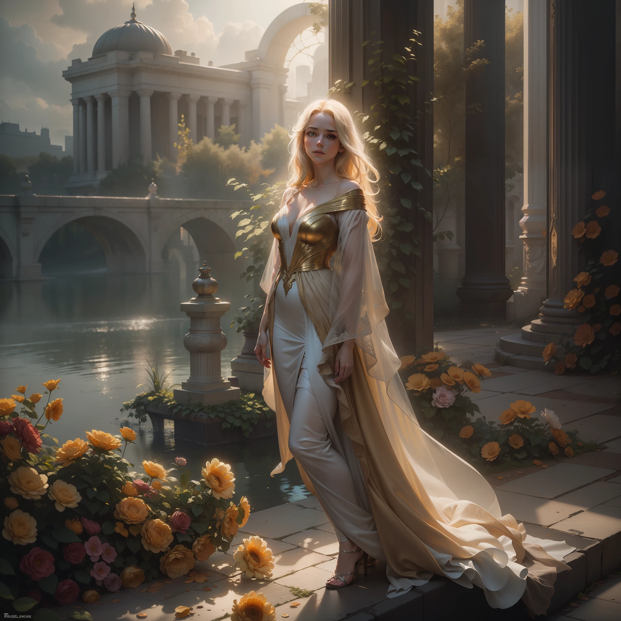 In the city of heaven, a magical place with marble columns, flowers and lake a gorgeous woman angel, beautiful face, banished to the earth, ((Full body, HIGHLY detailed face, golden blond hair, transparent ethereal drees, showing all her attributes)) magnificent winds hyperrealism| HDR, SMOOTH, SHARP FOCUS, IN THE STYLE OF EMITTING DIODES, BY PASCAL BLANCHE RUTKOWSKI, REPIN ARTSTATION, HYPERREALISM,, PAINTING, CONCEPT ARTOF DETAILED CHARACTER, DESIGN MATTE PAINTING, 4K RESOLUTION BLADERUNNER, highly detailed| intricate detailed| volumetric lighting| , perfect composition, beautiful detailed intricate insanely detailed octane render trending on artstation, 8 k artistic photography, photorealistic concept art, soft natural volumetric cinematic perfect light, chiaroscuro, award - winning photograph, masterpiece, oil on canvas, raphael, caravaggio, greg rutkowski,PROFESSIONAL PHOTOGRAPHY, FULL IMAGE, full lengtH, PHOTO-REALISTIC,