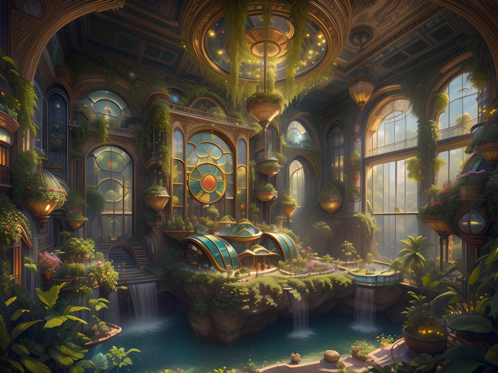 Title: "Solarpunk Dreamscape: The Royal Botanical Sanctuary" | This ornate botanical bedroom, inspired by the opulence of Versailles, invites viewers to immerse themselves in a world of wonders. (((Generate an ornate solarpunk and botanical elegant bedroom in the style of Versailles with a grand historical window.))) The grand historical window, adorned with intricate carvings, dominates one wall. Through the colossal window, a bustling solarpunk dreamscape cityscape unfolds. The cityscape is a marvel of breathtaking complexity - a futuristic metropolis that glimmers with countless colors and buildings of various sizes, an awe-inspiring testament to human creativity and architectural prowess. The solarpunk dreamscape cityscape is a symphony of vibrant colors, reminiscent of a utopian paradise. The buildings stretch into the sky, each one featuring imaginative solarpunk details - rooftop gardens adorned with lush greenery, cascading waterfalls powered by sustainable energy, and whimsical elements that spark the imagination. This high-resolution, 3D-rendered cityscape is a masterpiece of digital art, seamlessly blending the worlds of fantasy and sci-fi. In this fantastical dreamscape, beauty is found in the subtlest of details. Delicate tendrils of ivy climb gracefully up the walls, while gentle petals from floating flowers dance through the air. Exquisite tapestries and paintings of mythical creatures adorn the walls, each telling its own enchanting story.