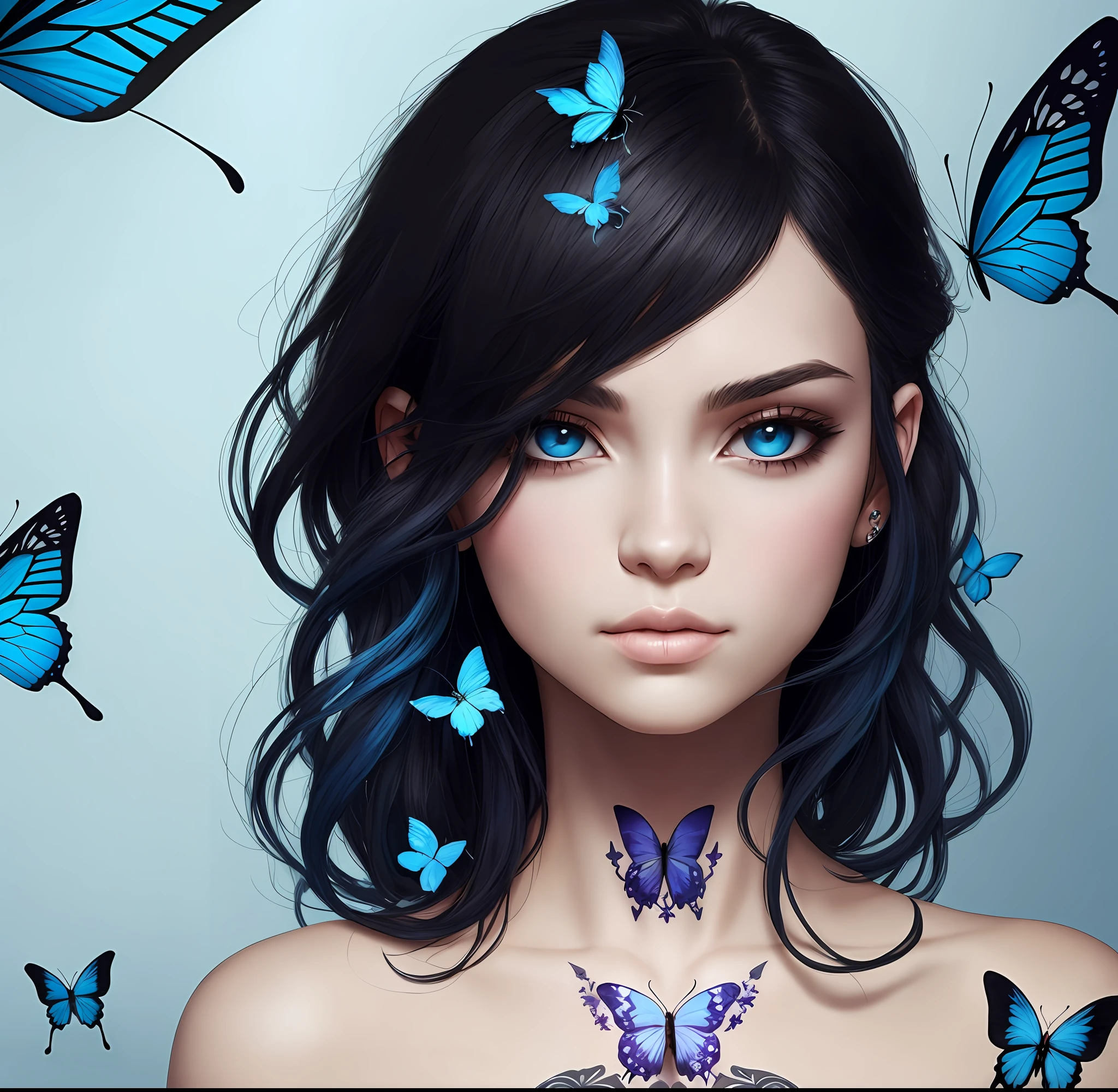A gorgeous avatar: white skin, medium hair, black with blue tips, eye half pulled, delicate face, butterfly tattoo on arm --auto