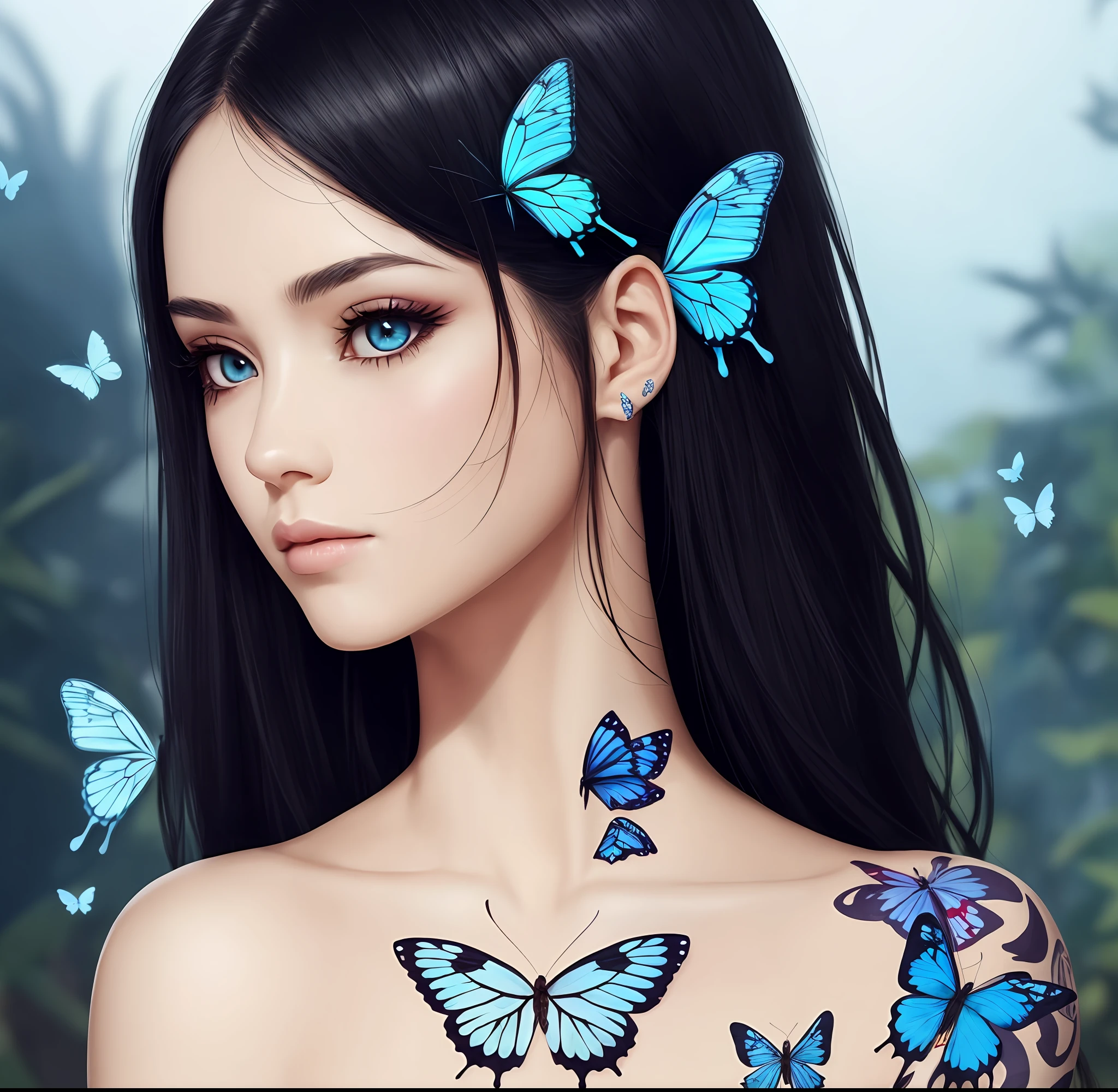 A gorgeous avatar: white skin, medium hair, black with blue tips, eye half pulled, delicate face, butterfly tattoo on arm --auto