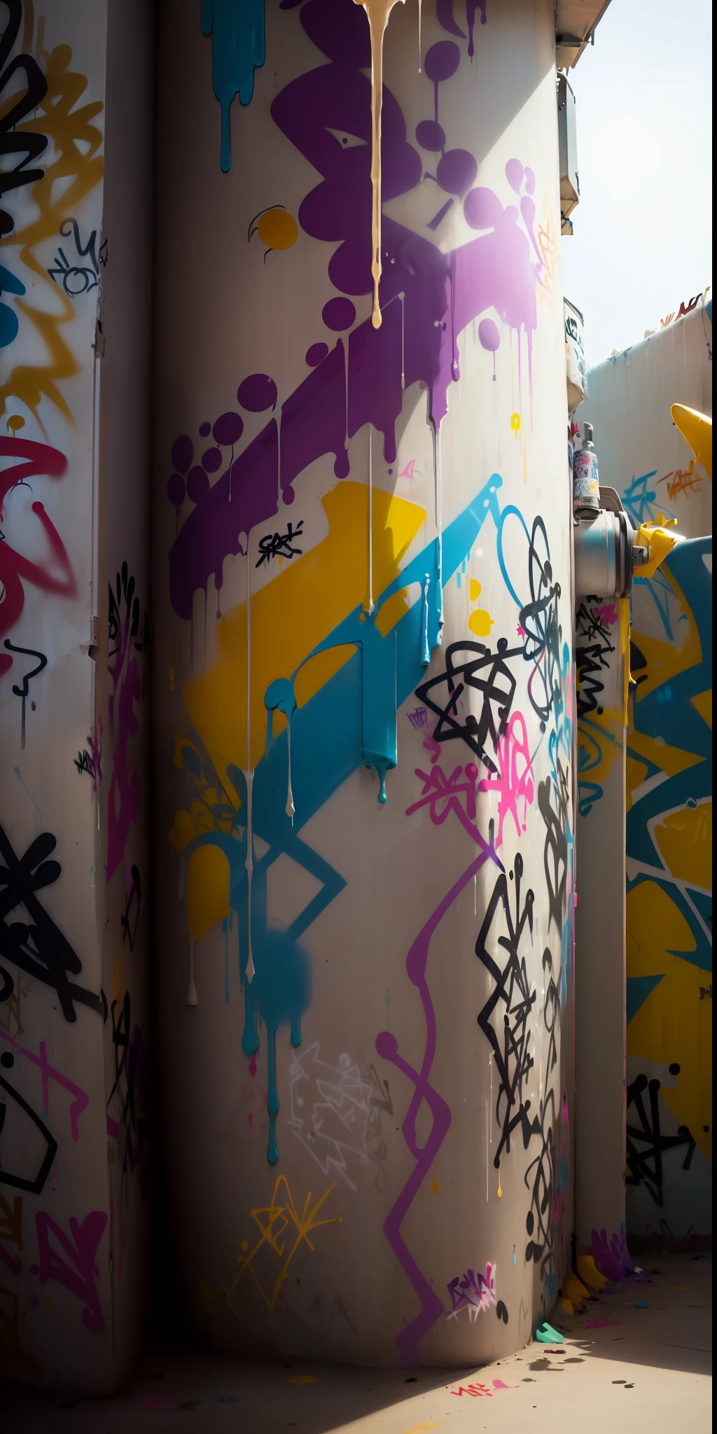 (((wall))), (curved warp trail behind it), Use bright colors like blue, purple, and pink to make it stand out from the dark sky, stars and planets to fill the (((painting of space))), ((((((graffiti))) elements like tags, stickers, or ((drips)) to give it more personality and style)))