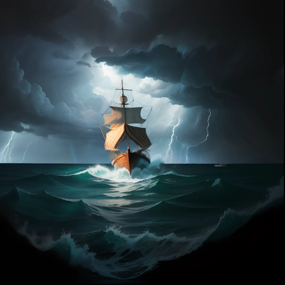 Ocean storm with wooden boat